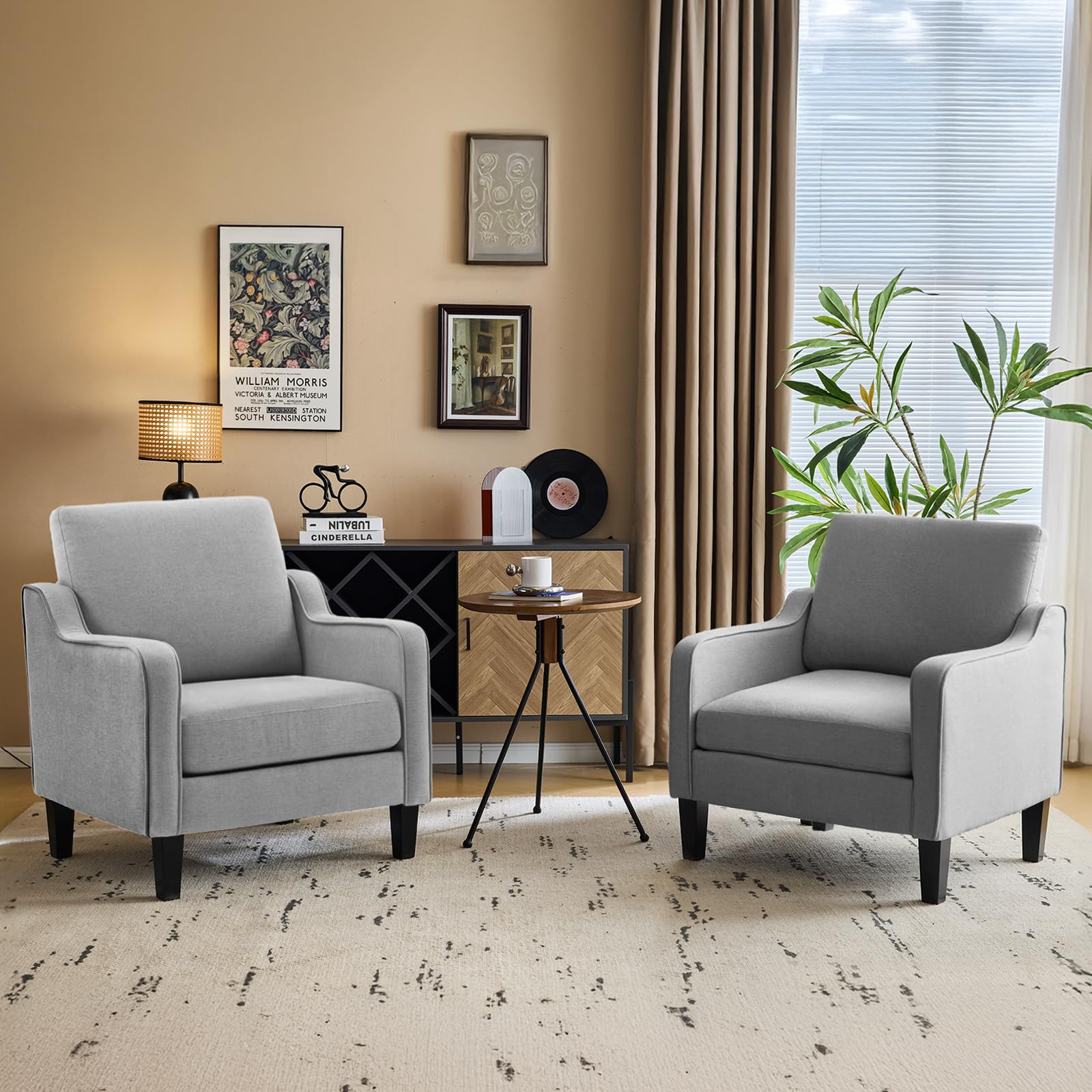 VINGLI Modern Accent Chairs Set of 2, Grey Living Room Chairs Comfy Armchair for Bedroom, Upholstered Sofa Chair Reading Chair for Small Spaces, Apartment, Waiting Room