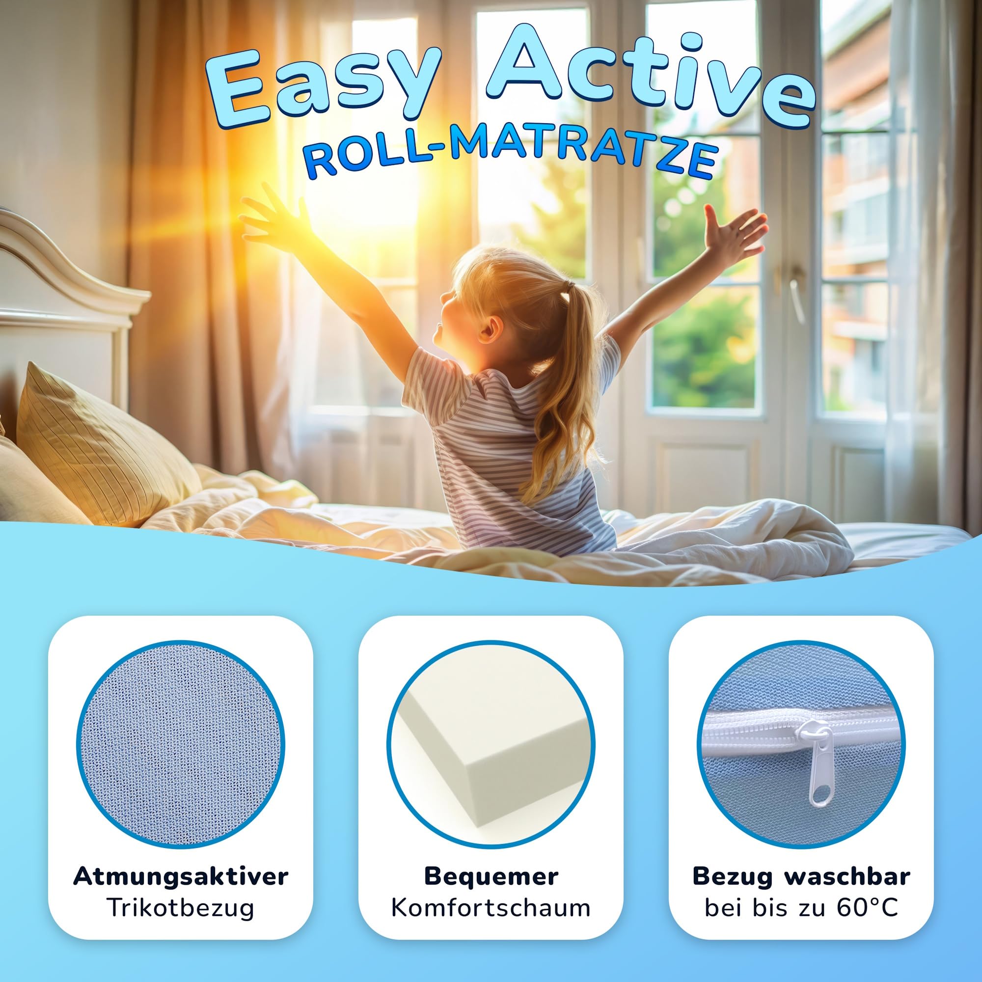 MSS e.K. Roll-Matratze Easy Active 200x70x11 cm H3 Bezug Blau Schaumstoff