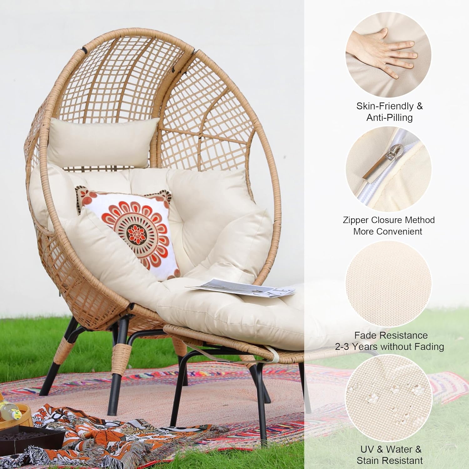 FINCATI 2 Person Delicated Outdoor Indoor Wicker Egg Chair with Footrest, Oversized 440 lbs Egg Basket Cocoon Chair with Ottoman Set of 2, PE Rattan Patio Stationary Cushioned Lounge Loveseat