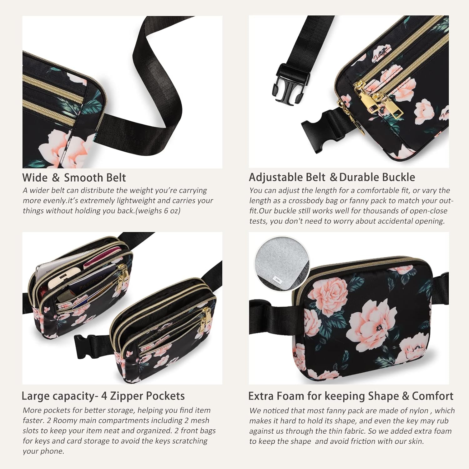 Capolo Expandable Travel Duffle Bag With Toiletry Bag + Matching Fanny Packs (Black Flower)