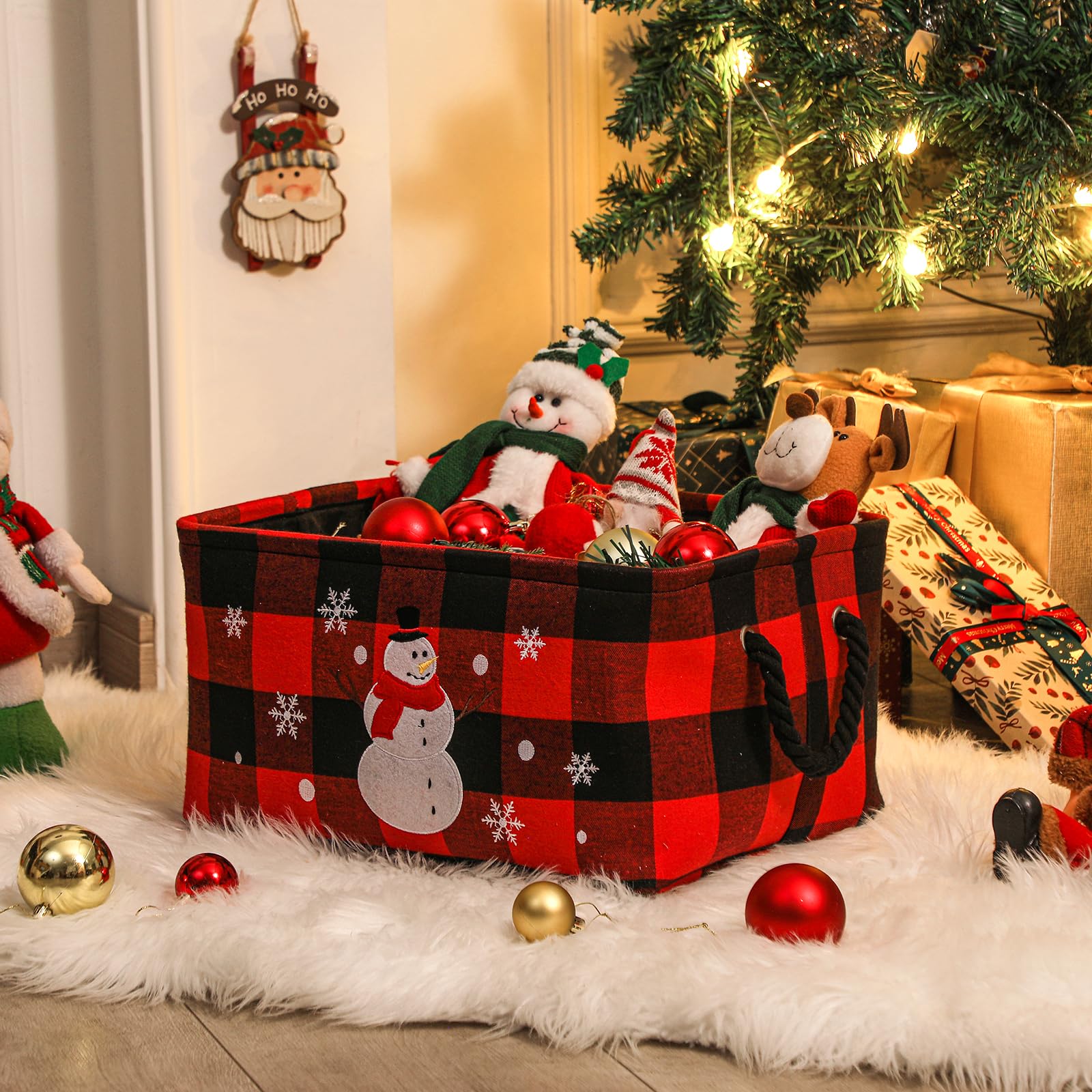 Cesto Portaoggetti Natalizio, Cestos di Natale Grande Scatola di Stoccaggio con Motivo Scozzese Classico, Pieghevole cose di Natale per la Casa Cestino con manico, Stile Rustico Organizer Cesta Regalo