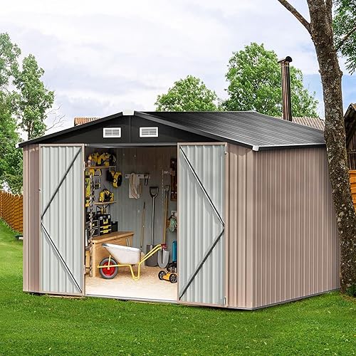 Outdoor Storage Shed with Base, 10x10 FT Utility Steel Tool Shed with Lockable Door and Air Vents, Galvanized Metal Shed for Garden Backyard Patio Lawn (10' x 10', Brown)