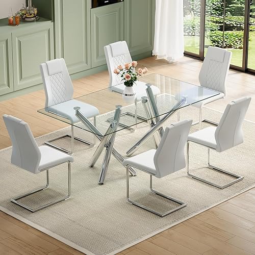 Juego de mesa de comedor de cristal para 6.71 pulgadas, mesa de comedor para 6, mesa rectangular grande de vidrio templado y 6 sillas de piel Mesa