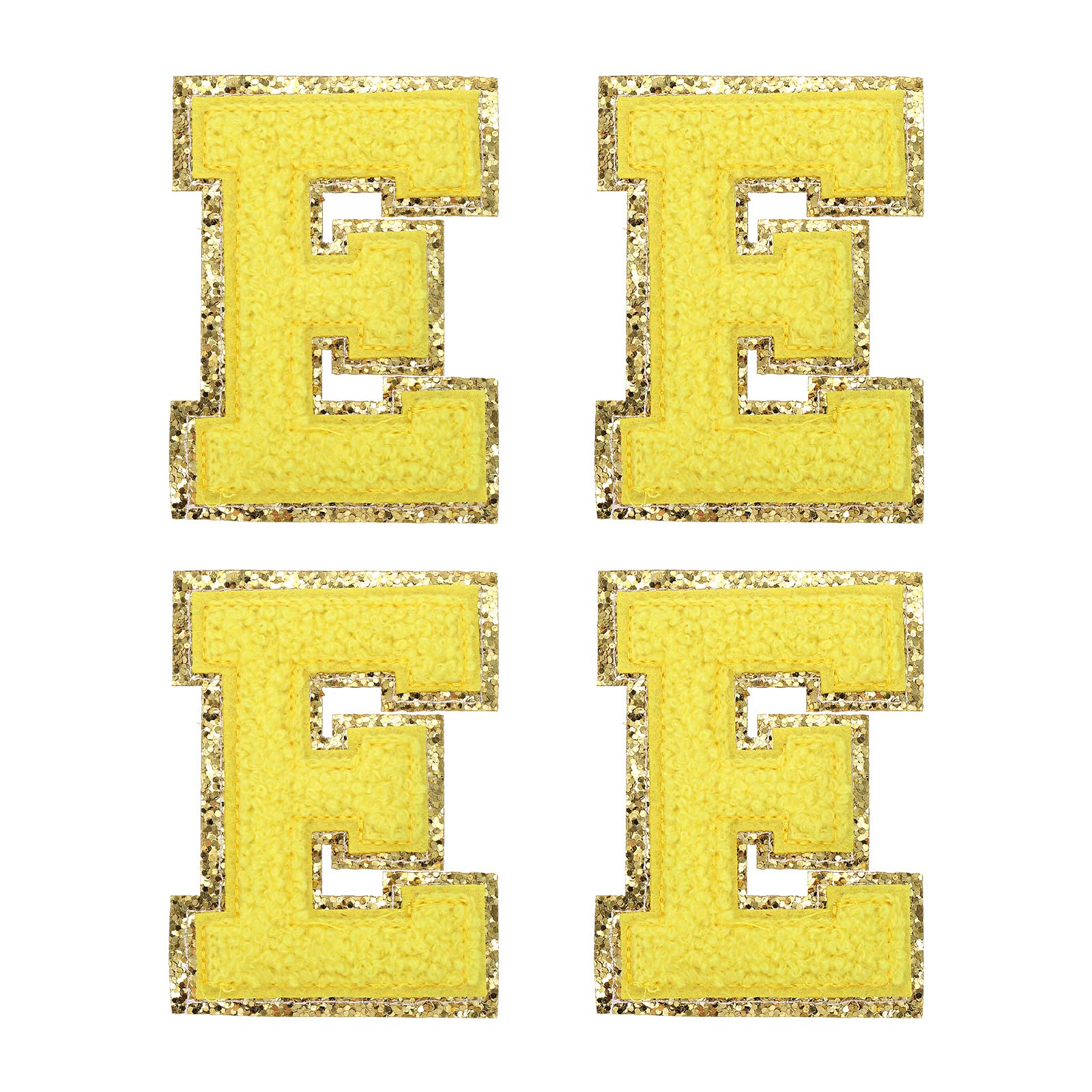 MECCANIXITY 4Pcs Chenille Letter Patches Iron on Letter Patches Yellow E Alphabet Decorative Repair Embroidered Patches for Clothing, Shoes, Hats, Backpacks