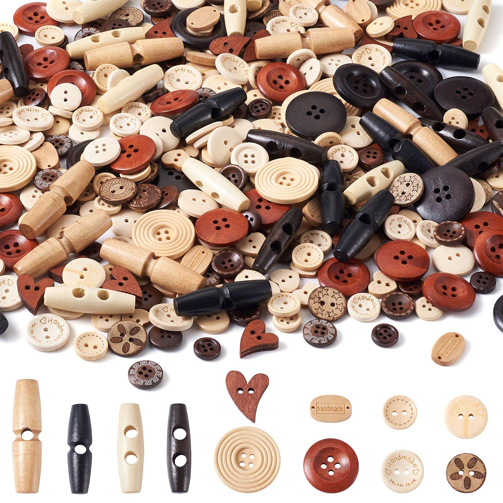 400pcs Retro Wood Buttons Multi Holes Flat Round Heart Craft Button Sewing Horn Toggle Buttons for Weaving Crochet Knitting Cloth Accessories
