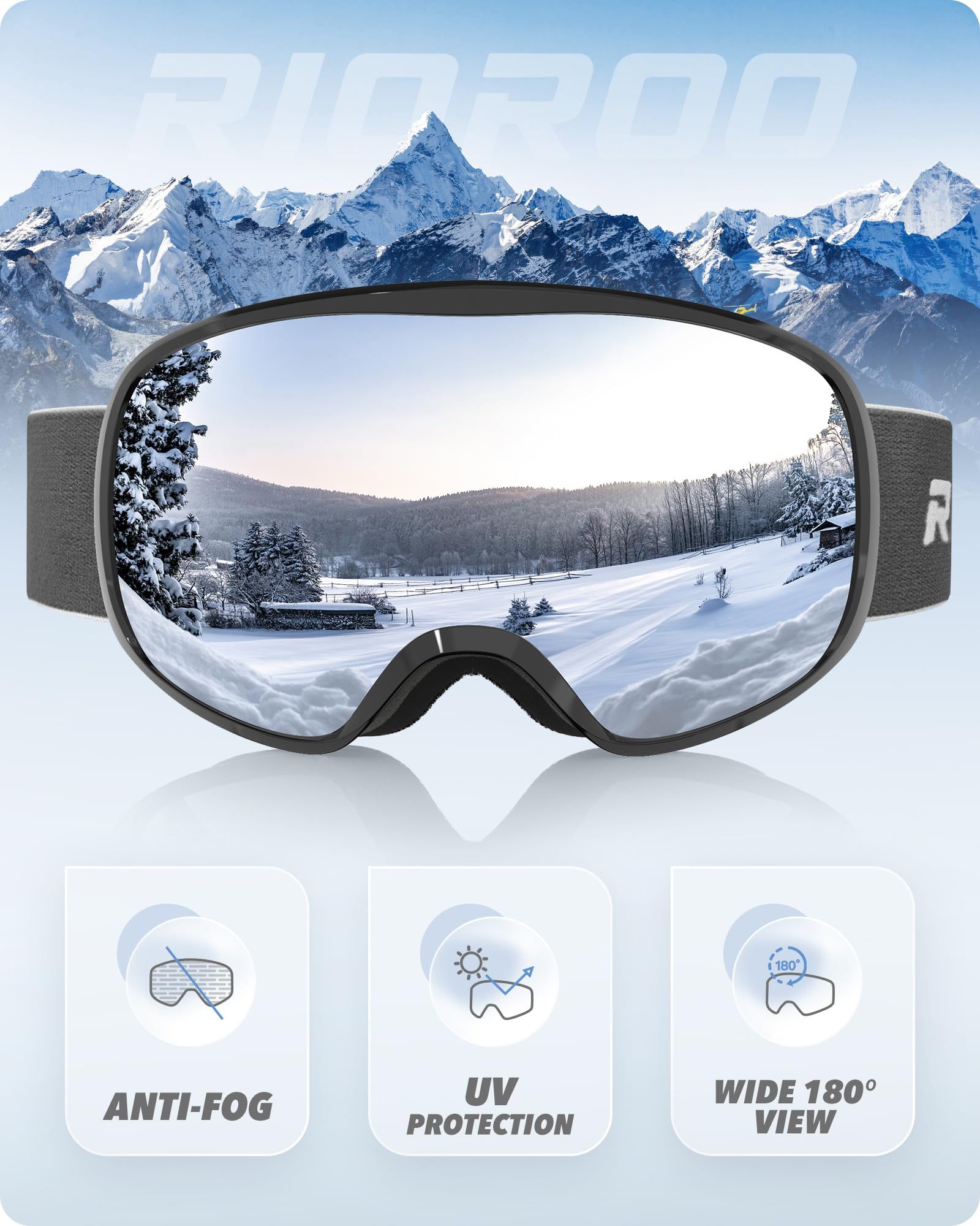 RIOROO Maschera da Sci, Occhiali da Sci per Uomo Donna OTG Maschere Sci,Anti Nebbia 100% Anti-UV Antipolvere Antivento per ciclismo Equitazione/arrampicata/sci