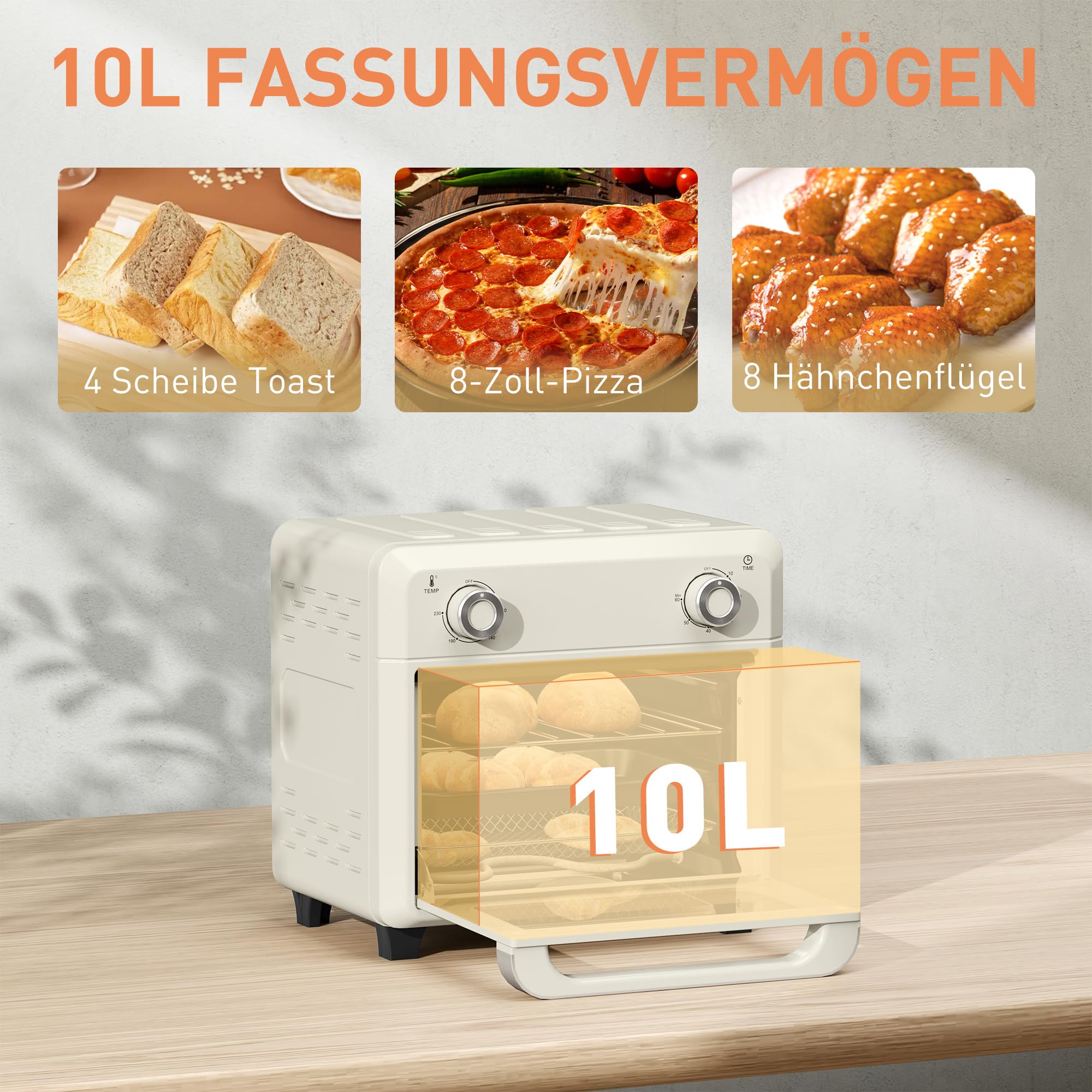 HOMCOM Minihorno con convección 10L 2 en 1 Minihorno con rejilla para horno, bandeja de horno y bandeja recogemigas, 80 °C-230 °C freidora de aire caliente con temporizador, luz interior, 1000W, acero