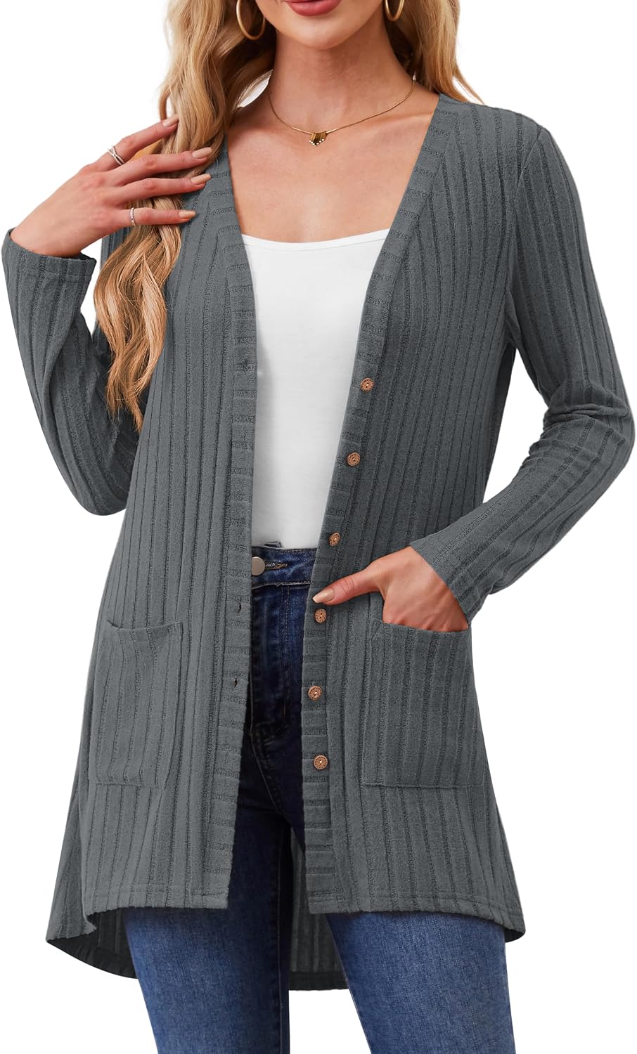 Women Cardigans Open Front Lightweight Button Down Duster Long Cardigan Vertical Stripes Pockets for Casual Fall