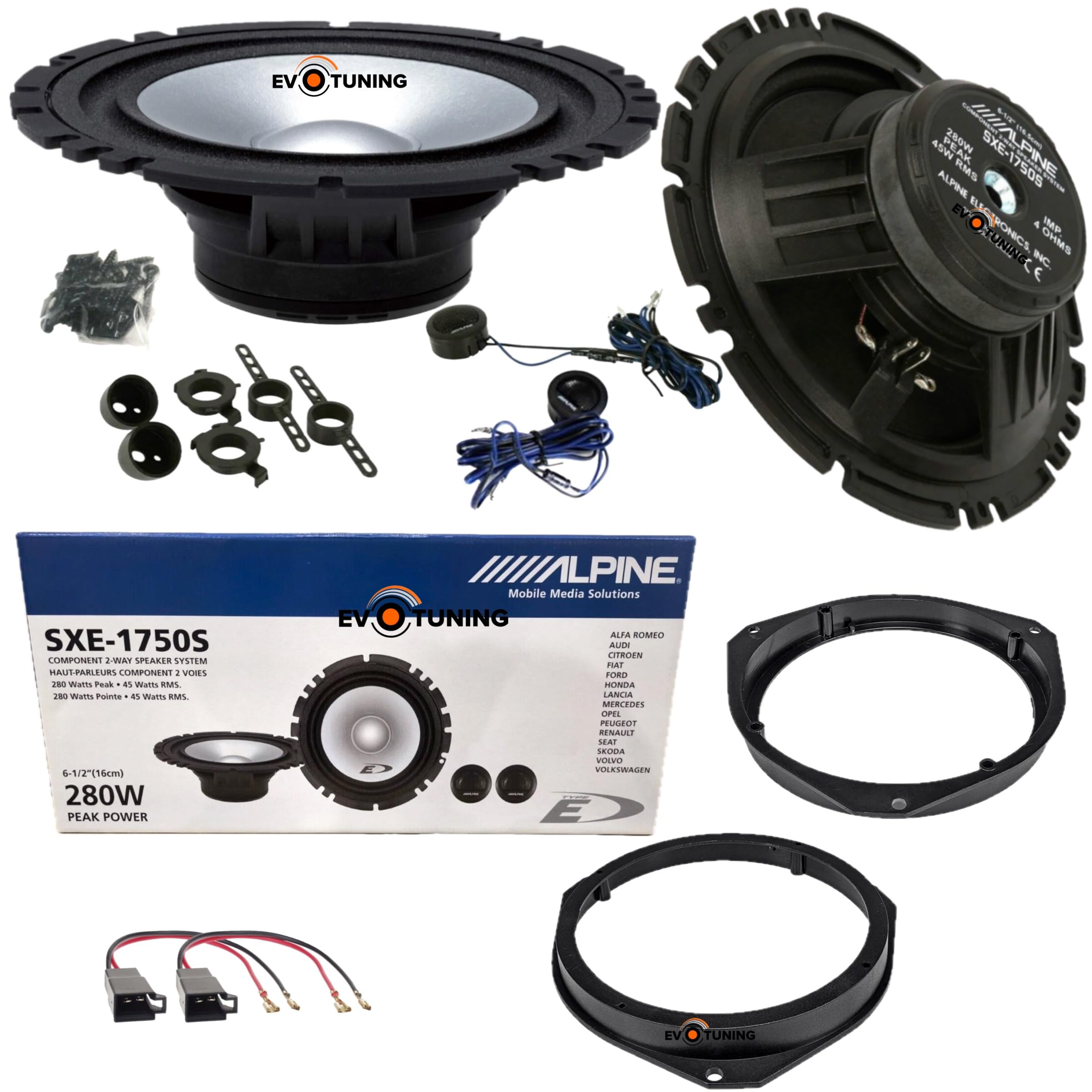 Kit Casse Altoparlanti Anteriori per Fiat Ducato, Peugeot Boxer, Citroen Jumper dal 2006 compatibile con Alpine Sxe1750S, Set 2 woofer +2 tweeter +2 Anelli e Cavi Adattatori