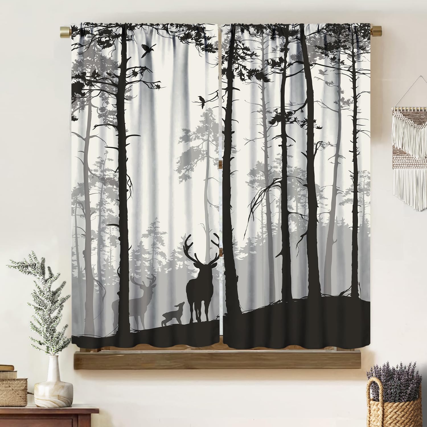 Modern Simple Woodland Curtains, Abstract Silhouette Deer in Foggy Forest, Black and White, Blackout Rod Pocket Window Drapes for Living Room Bedroom Bathroom (21x45in) x2 Panels