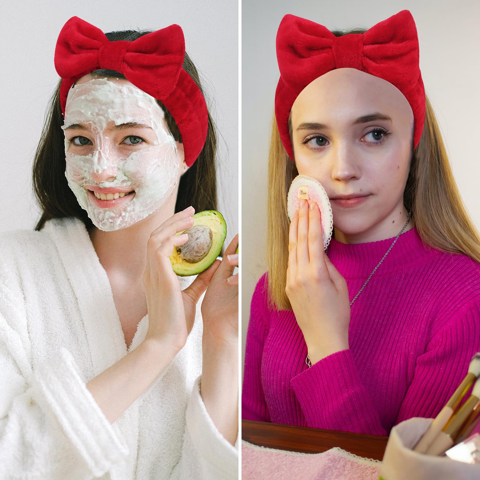 Ondder Diadema de spa para lavarse la cara, paquete de 8 diademas rojas para el cuidado de la piel para mujeres y niñas, lindas diademas de maquillaje con lazo