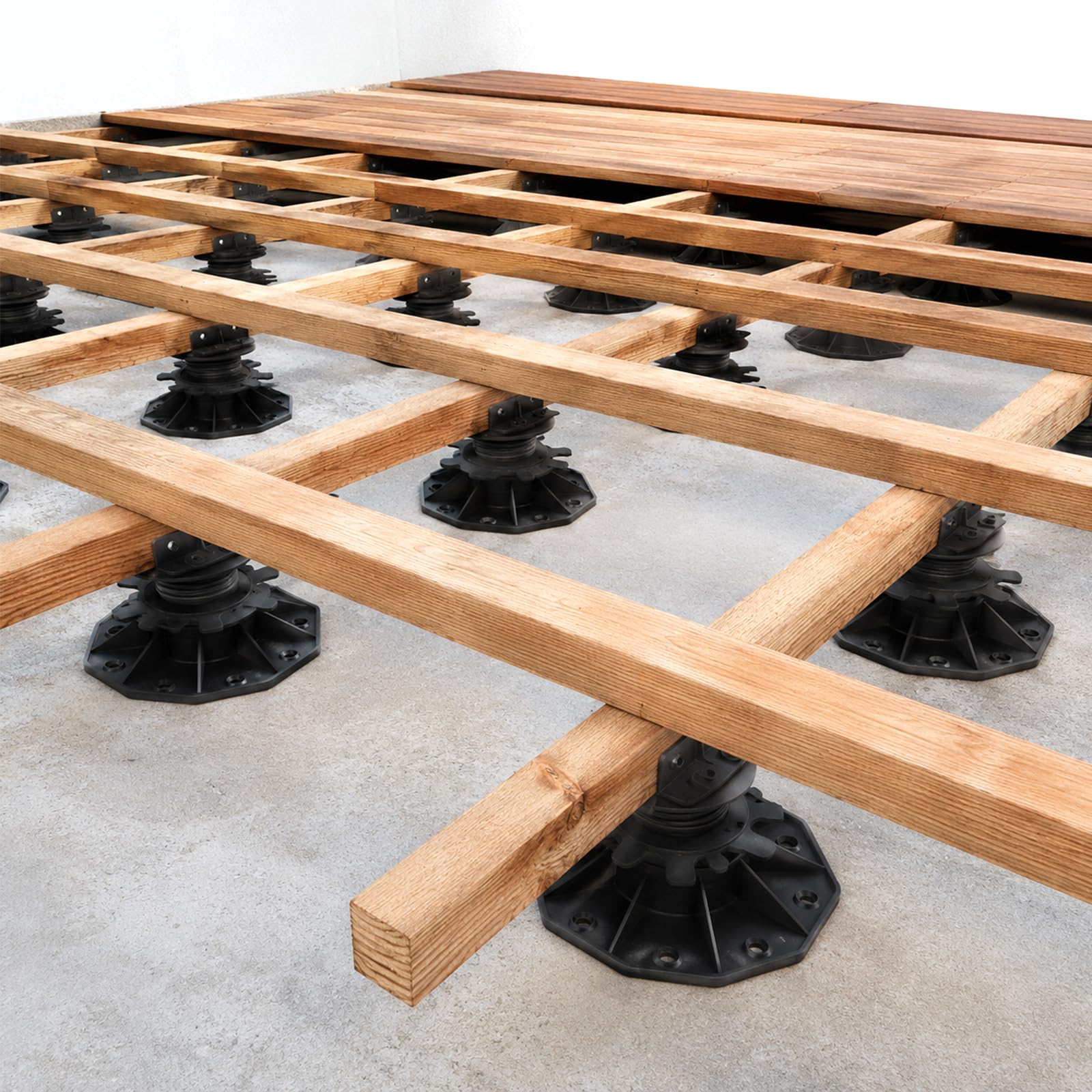 Verstellbare Terrassenlager 30–60 mm, höhenverstellbare Stelzlager aus hochfestem Kunststoff, mit Sechskantfuß & Doppellochhalterung, für Holz- und WPC-Terrassen, Belüftung & Entwässerung (12)