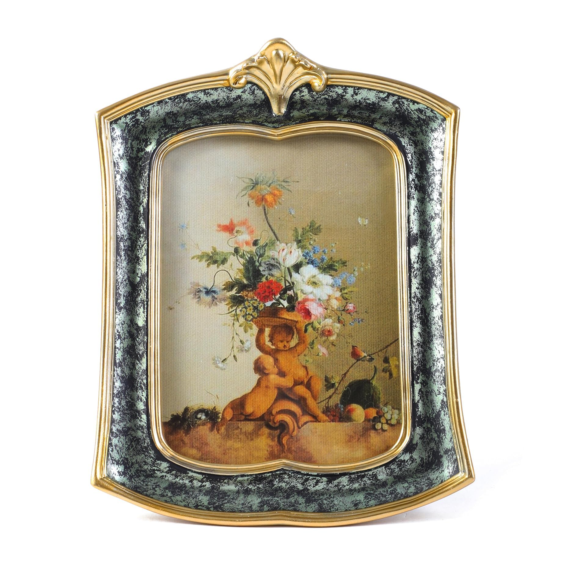 Kangce Vintage Picture Frame 5x7 Antique Ornate Photo Frame Tabletop and Wall Hanging Old-Fashioned Style, Decorative Retro Design Home Decor, Photo Gallery Art, Moss Agate Green