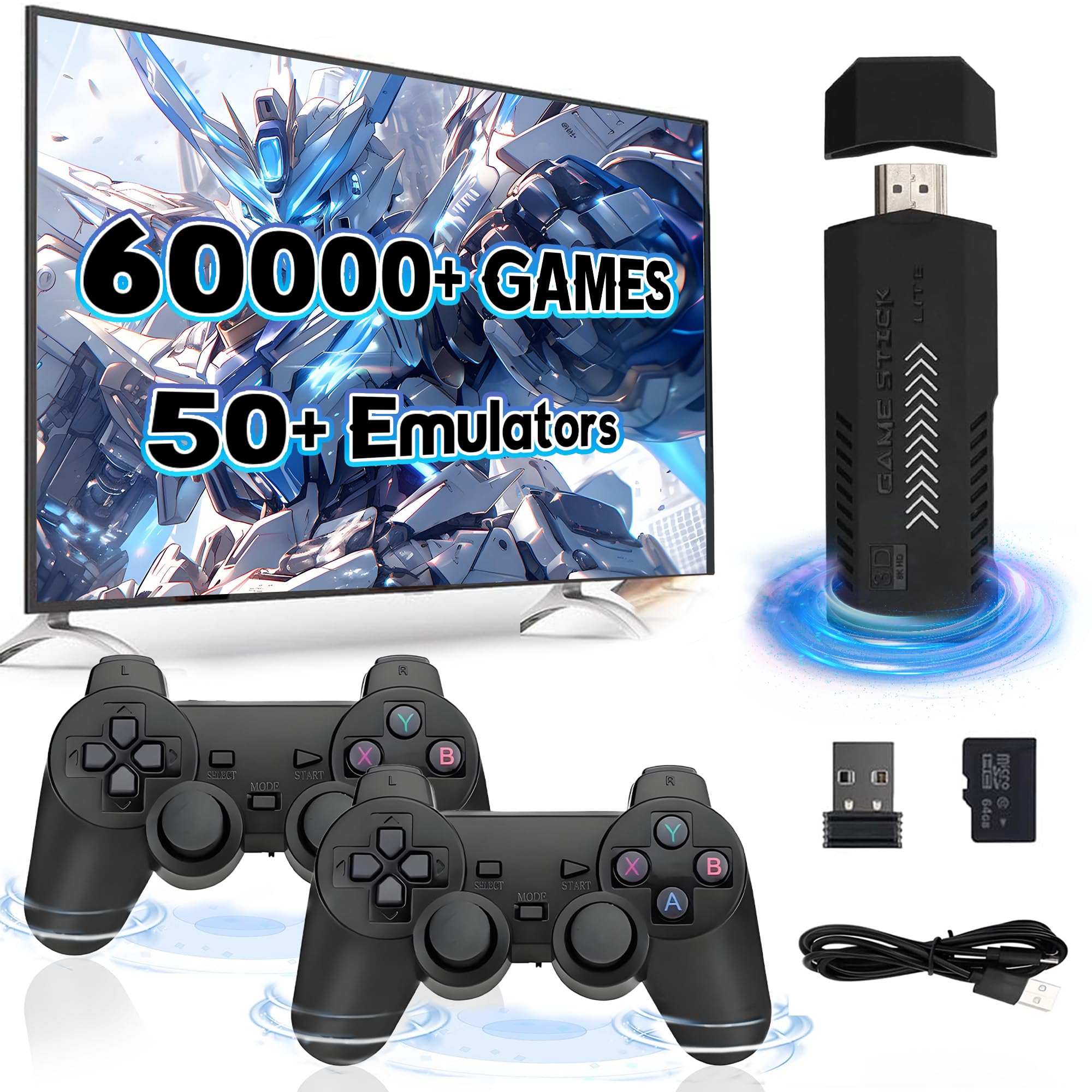 X2 Plus Retro Gaming Console Game Stick,60000+ Games 50+ Emulator,4K HD Retro Video Game Consoles with Dual Wireless Controller,Plug and Play Portable