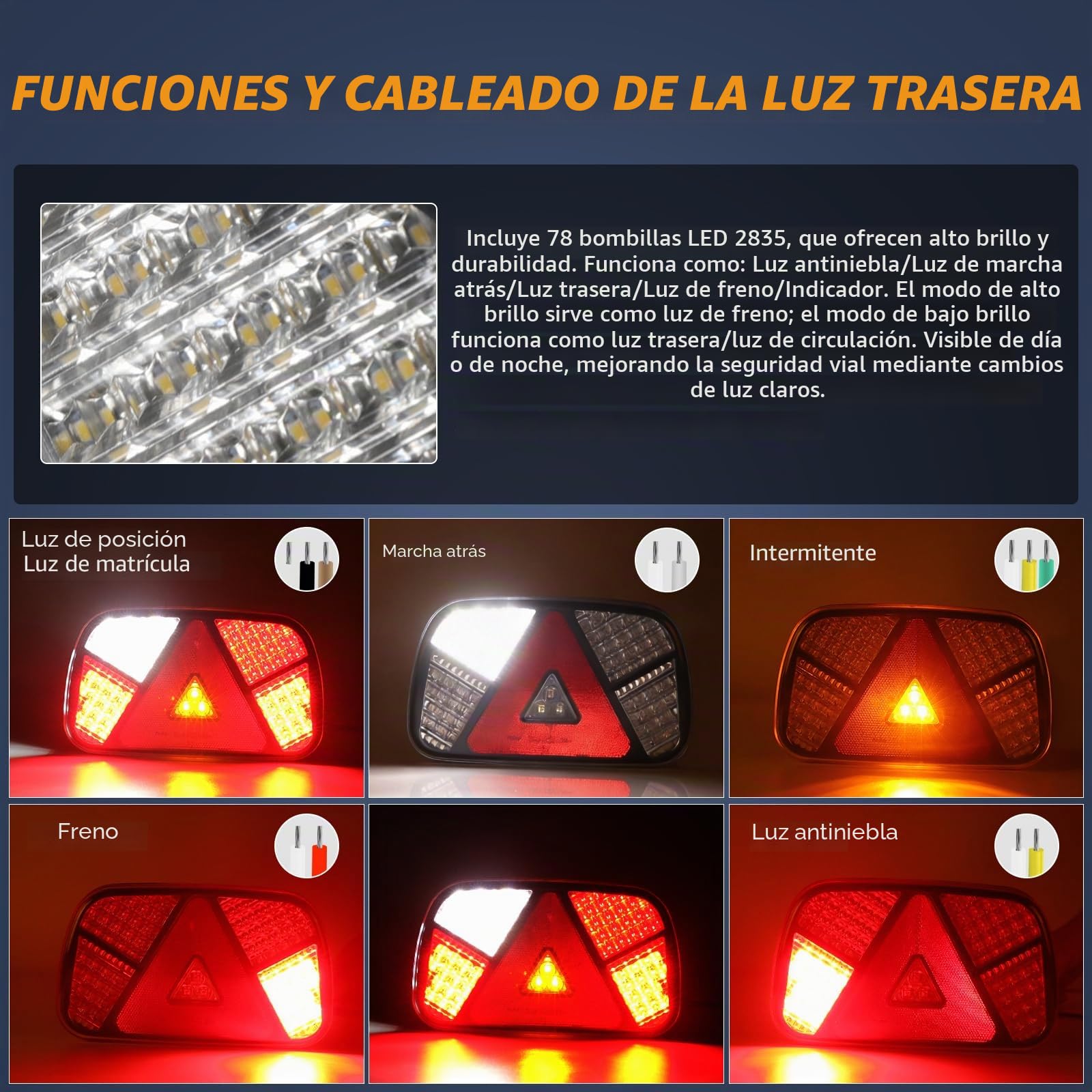 2 Piezas de luz trasera del remolque Kit, 12v/24v impermeable Indicador, freno, marcha atrás, niebla, reflector de luz con 5,5 m de largo 6 Core Cable para Camión Caravana