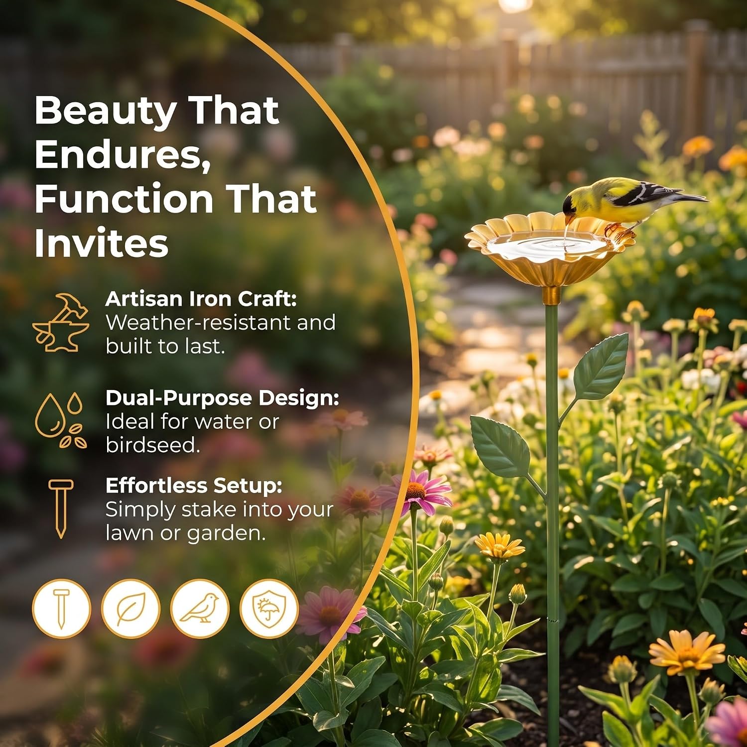 Zerodeko Flower Garden Stake Bird Bath Bowl Outdoor Pollinator Watering