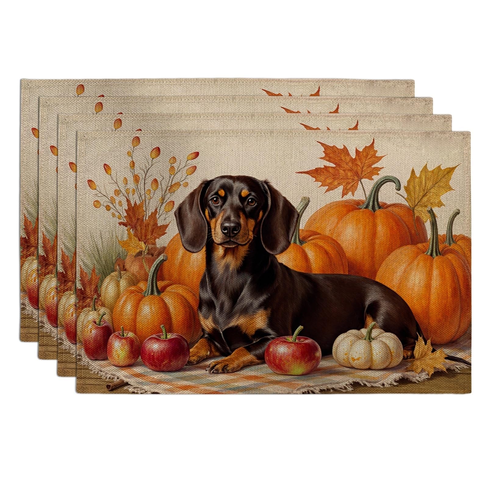 Fall Pumpkin and Dog Placemats, Rustic Autumn Decorative Place Mats for Dining Table, Thanksgiving Non-Slip Washable Indoor Outdoor Kitchen Party Placemat Set of 4