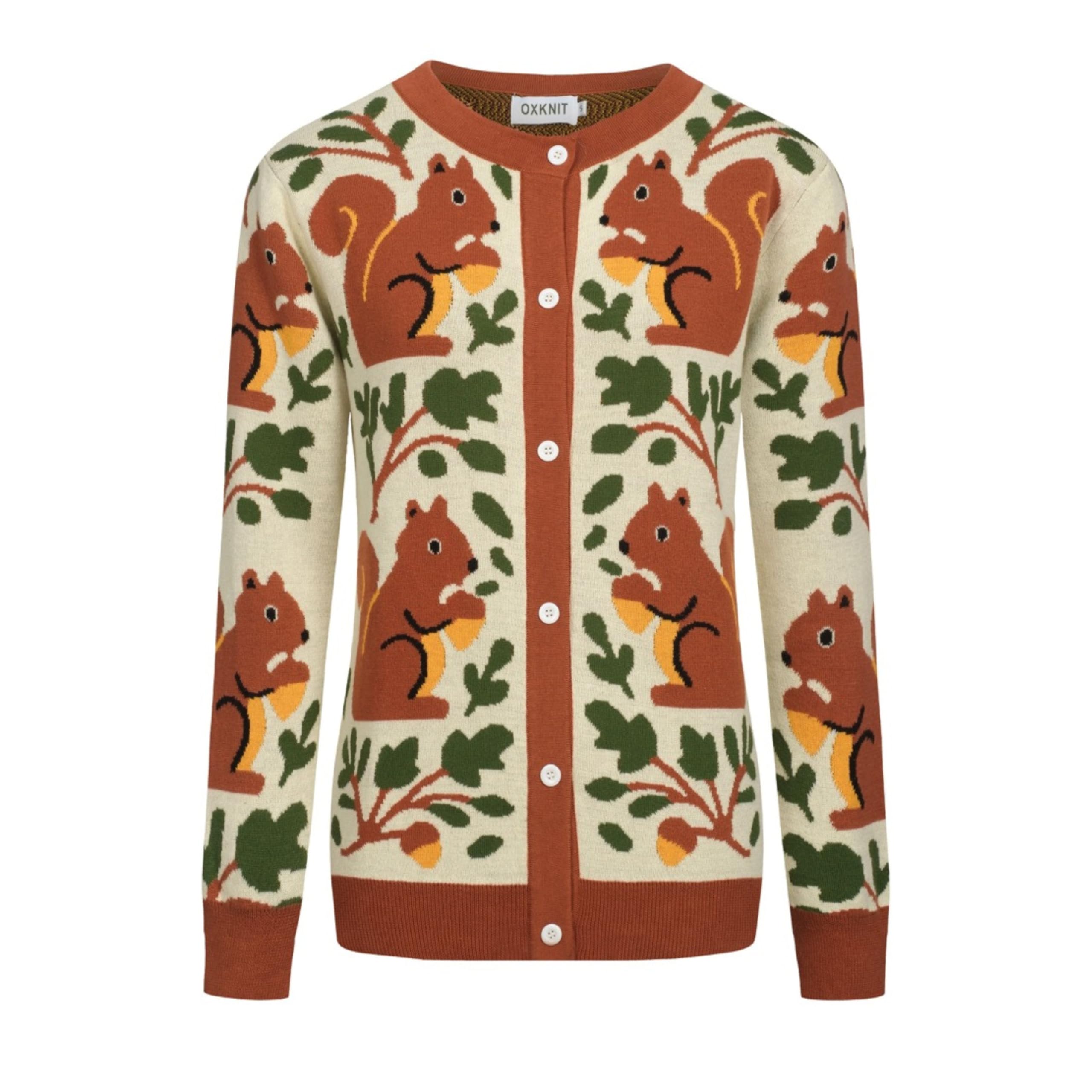 OXKNIT Womens Retro Beige Knitted Cardigan Sweater Vintage Brown Squirrels Pattern Casual Cotton Long Sleeve Tops