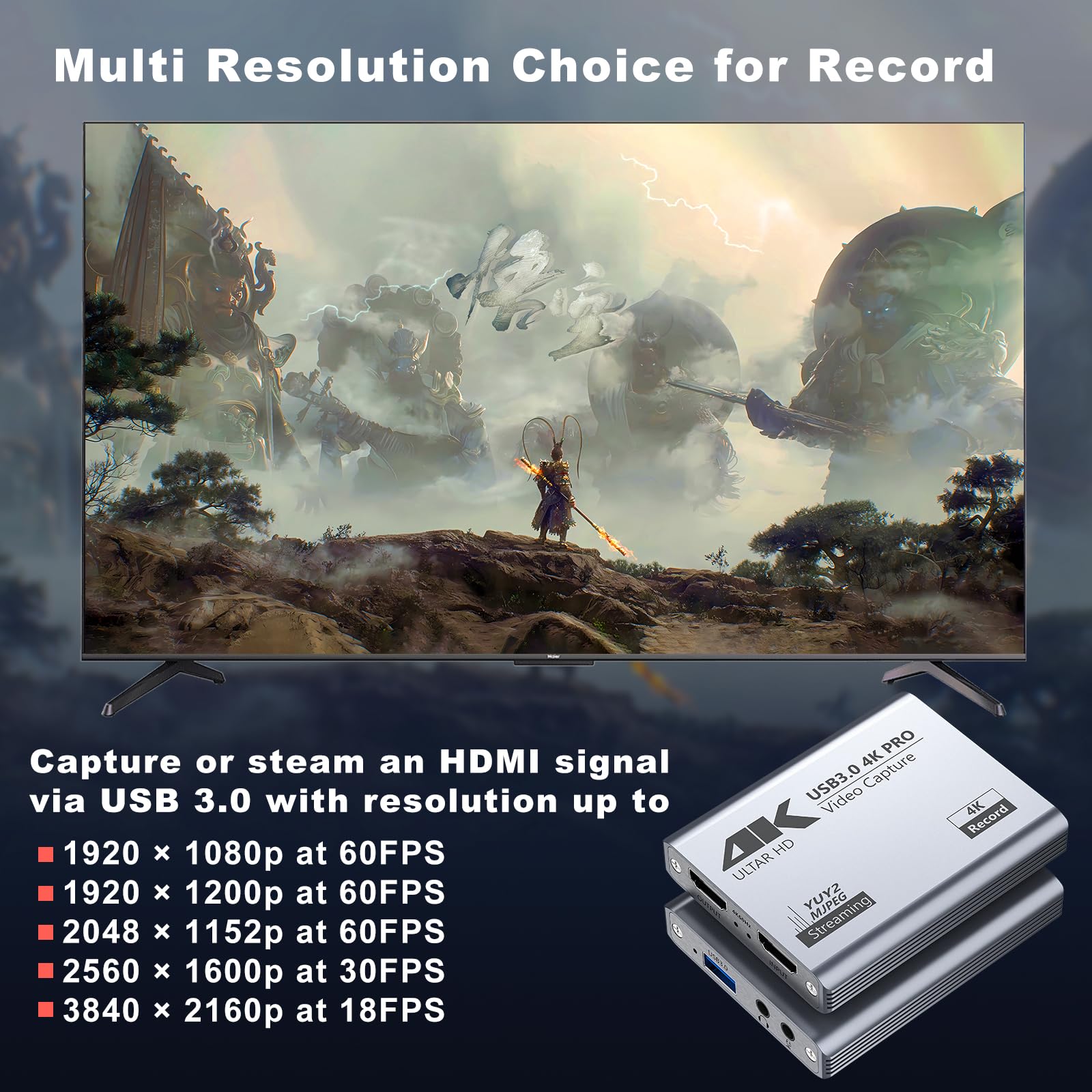 Video Capture Card, USB 3.0 High-Speed Interface, 1080P 60FPS/2K 30FPS/4K 18FPS Game Capture Recording, Compatible for PS5/Switch/Xbox/Camera/PC/OBS, Supports 4K 60FPS HDMI Loop-Out & Microphone Input