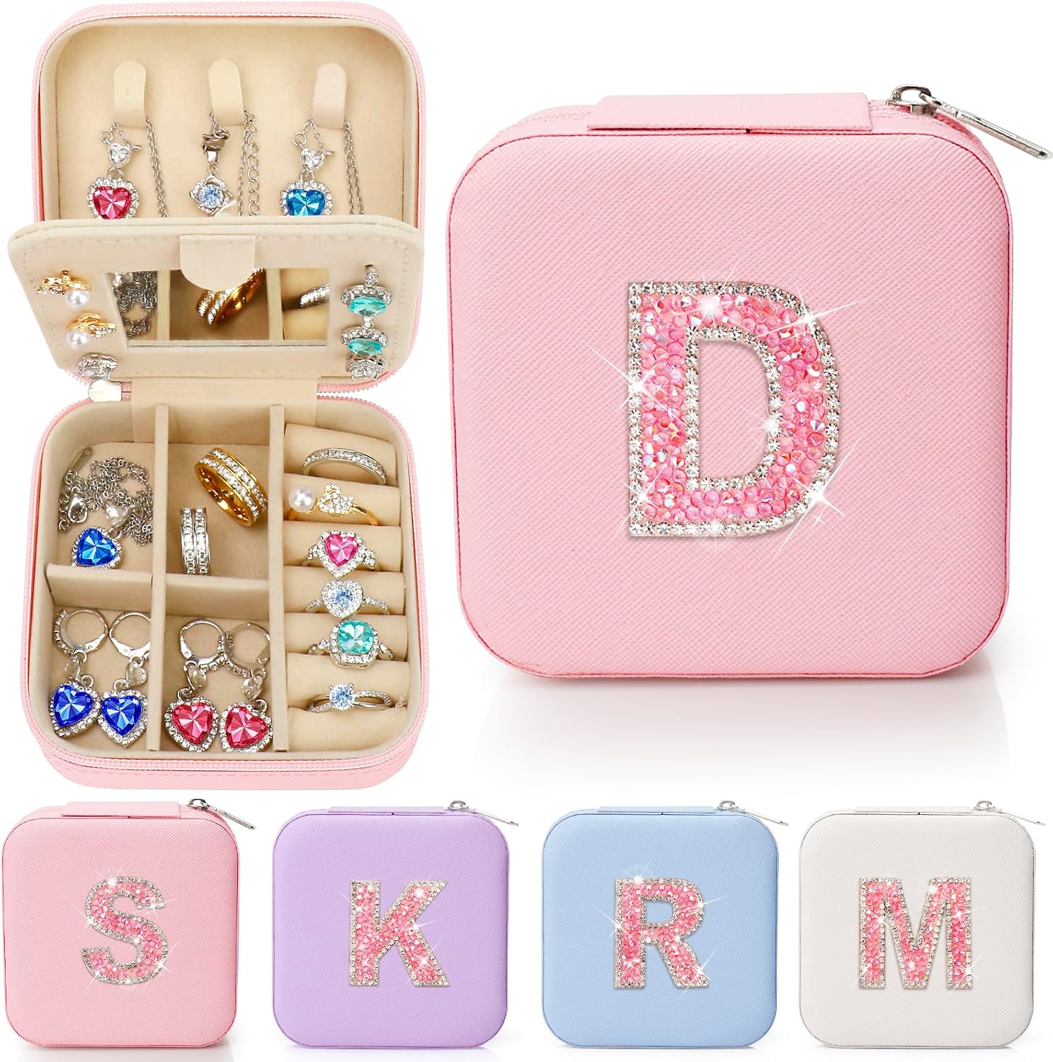 Initial Personalized Travel Jewelry Box Case Small For Girls Kids Women