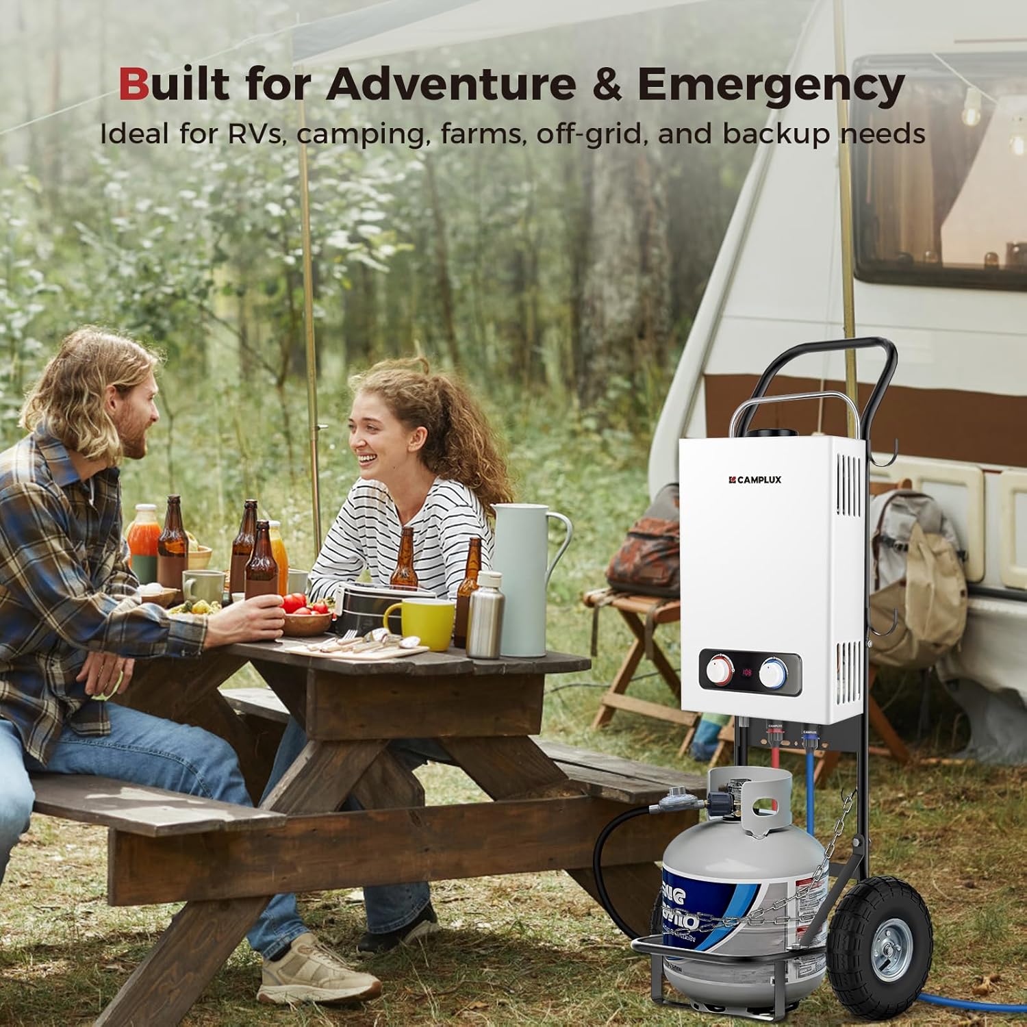 CAMPLUX Portable Tankless Water Heater, 1.58 GPM Outdoor Propane Water Heater with 3.54'' S/S Rain Cap, for Camping, 41,000 BTU, BD158C