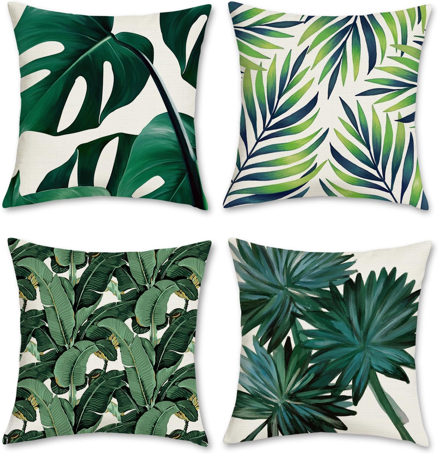 Tropical Leaves Cushion Covers 45 x 45 cm Green Leaf Decorative Throw Pillow Covers Polyester Linen Pillowcases for Sofa Garden Outdoor Home Decor Set of 4