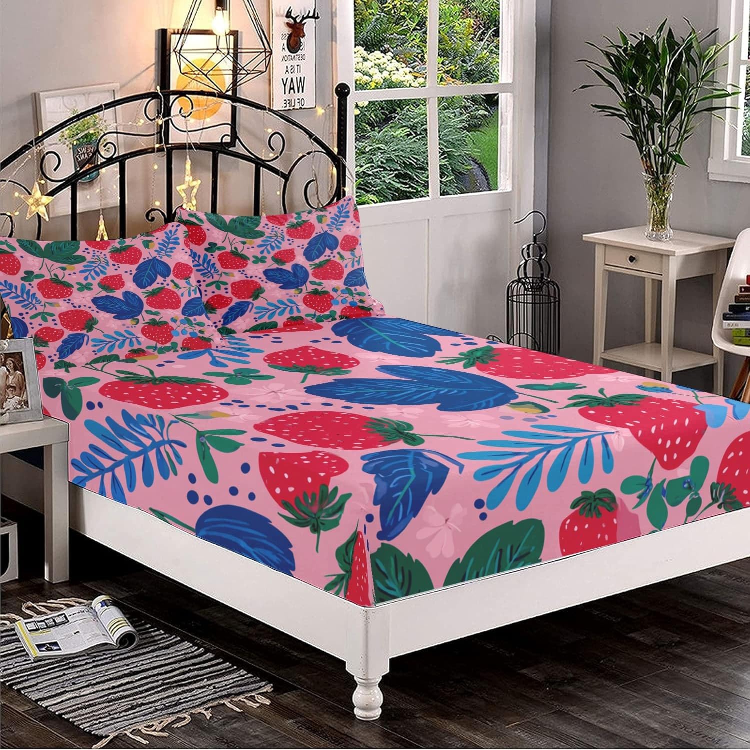 Lot de 3 Draps Housses 160x200 cm Fraise Aux Fruits Enfantins Doux et Respirant Parure de Lit Draps Housses Rose avec 2 Taies d'oreillers, pour Enfant Adolescent et Adulte