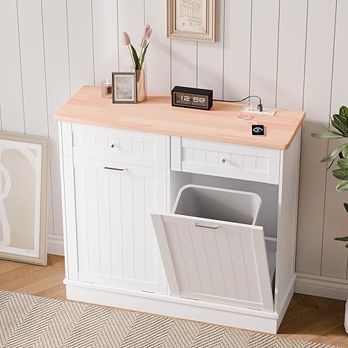 Miniatura 8 de Betterhood - Armario de basura de doble inclinación con toma de corriente, gabinete de basura de 10 galones con almacenamiento, bote de basura a