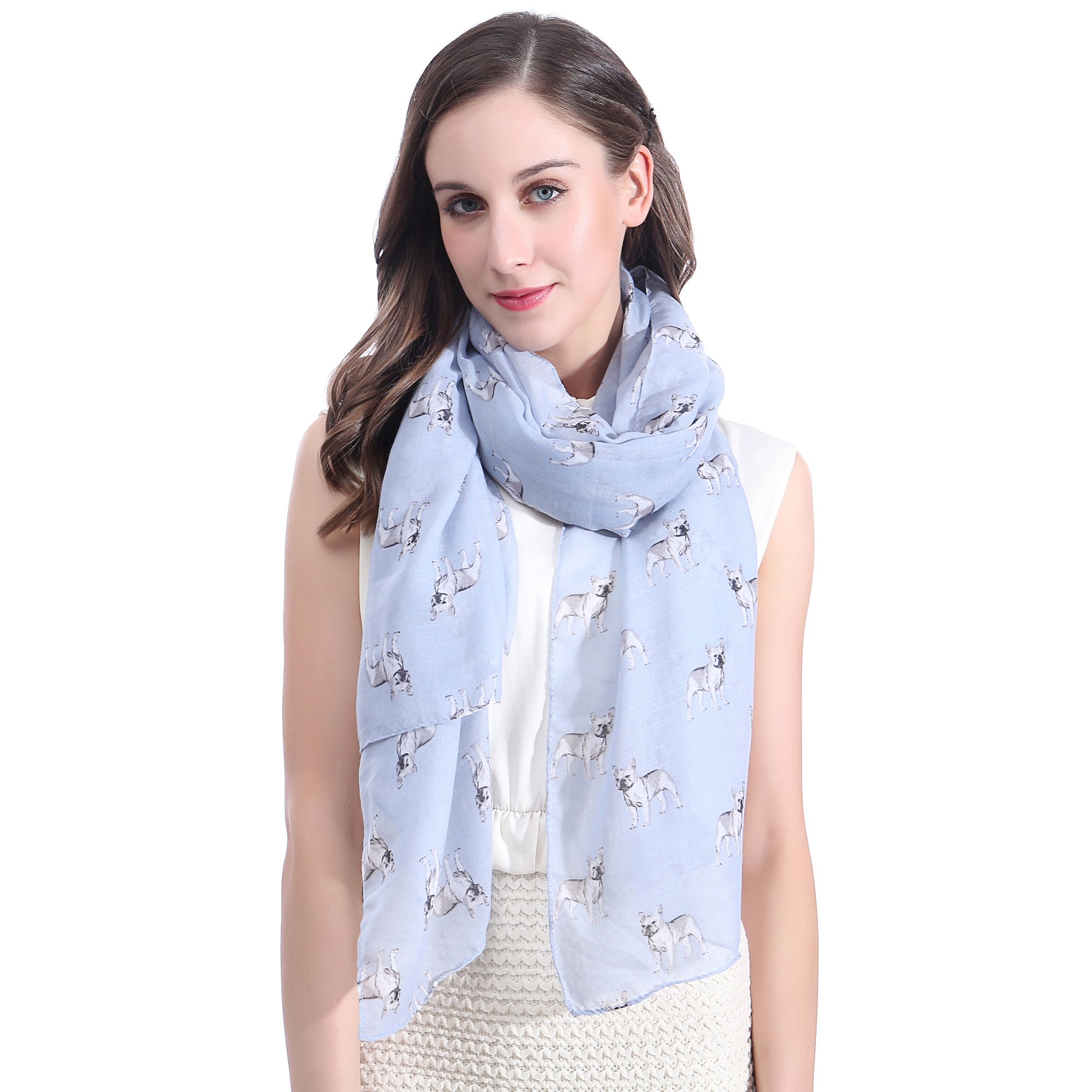 Lina & Lily Women's Light Blue French Bulldog Dog Print Large Scarf Lightweight (Light Blue)(Size: 180Cm X 90Cm)