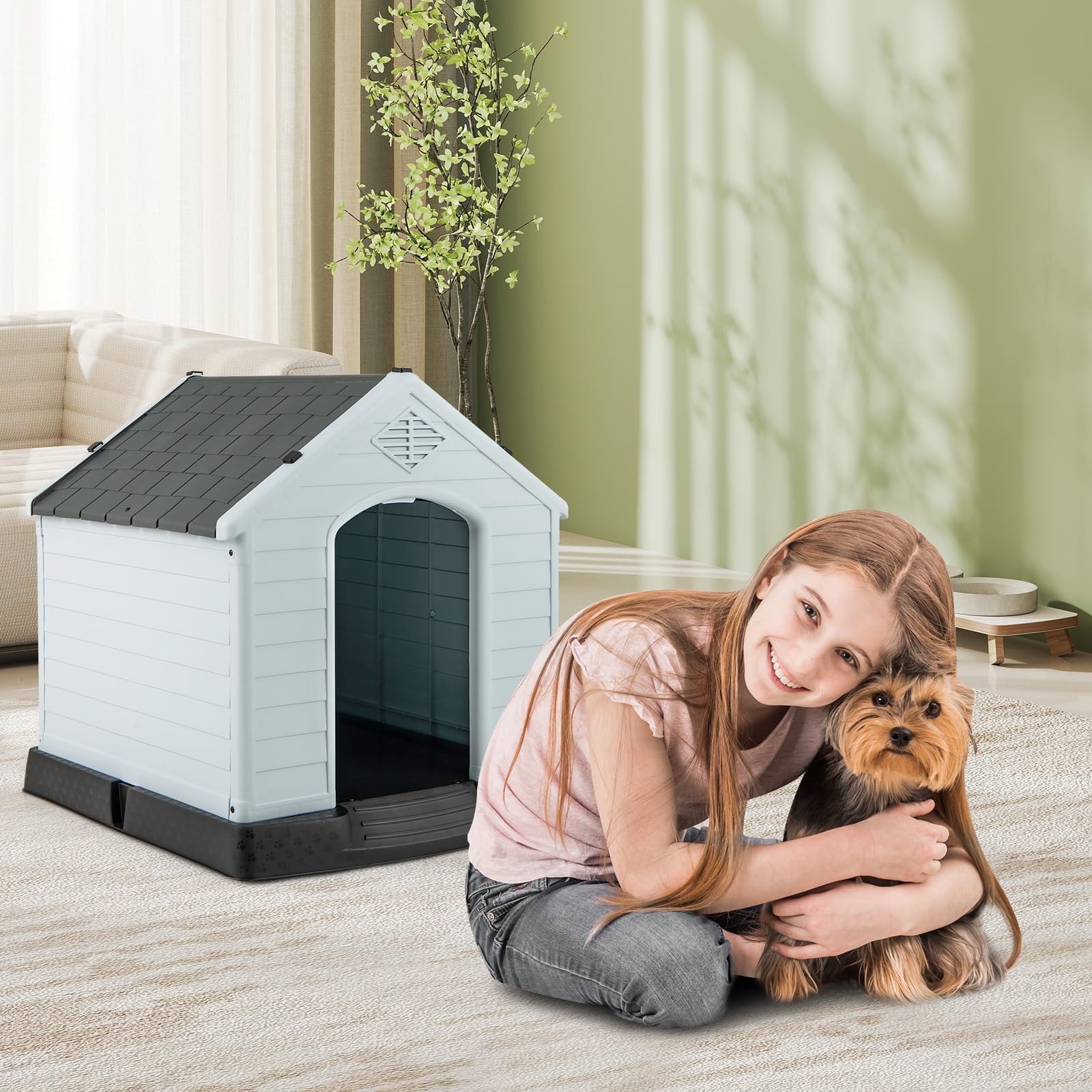 FANTASK Caseta para Perros de plástico para Exteriores, Cueva para Perros con Suelo Elevado y Techo Impermeable, para jardín, Interior y Exterior (70 x 65 x 71,5 cm, Gris)