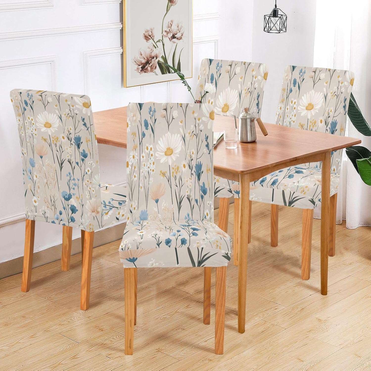 ALAZA Chair Covers for Dining Room, Daisy Field Floral Natural Colors Stretch Chair Cover Sets Chair Protector Removable Washable for Ktichen Restaurant Hotel