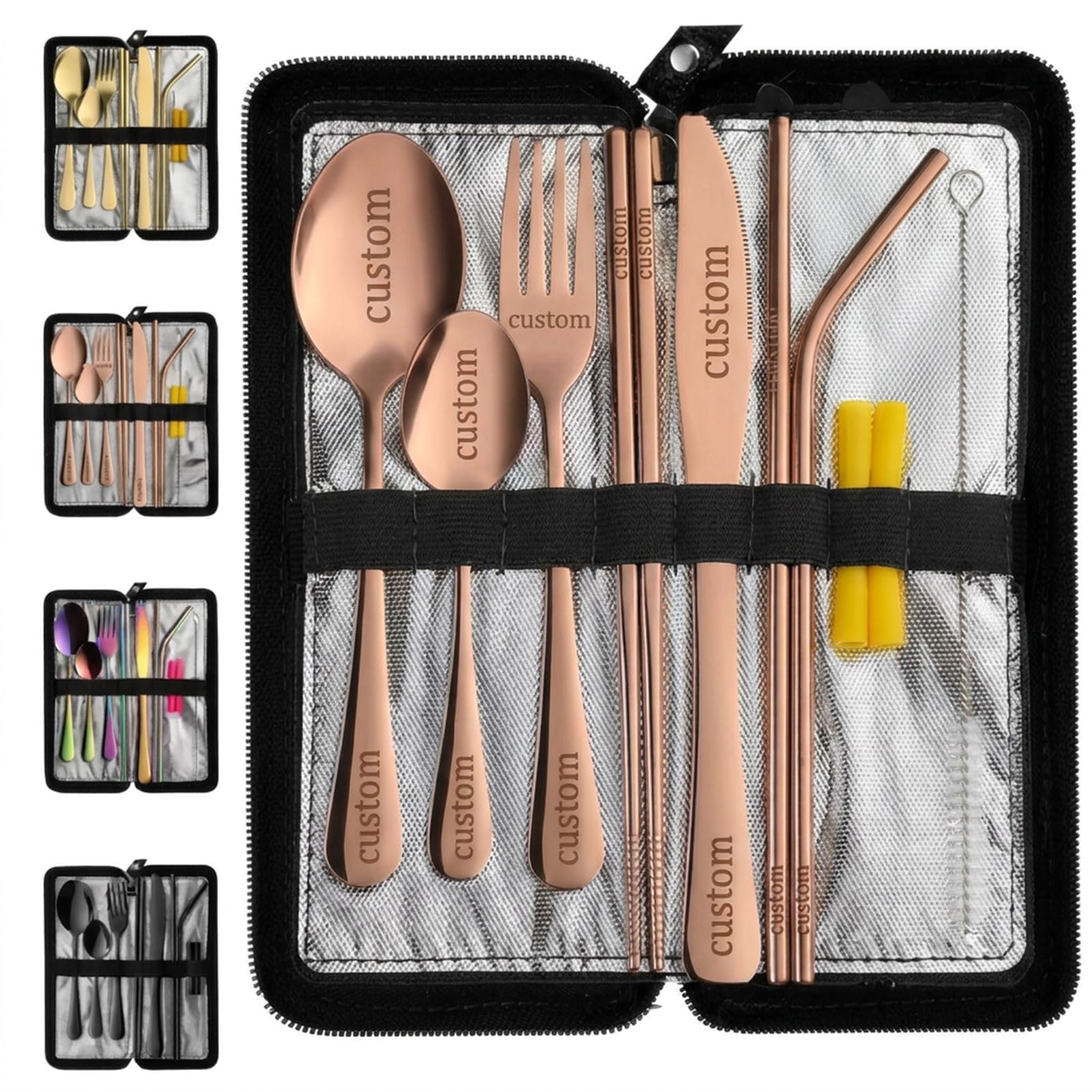 Personalised Engraved Cutlery Set | Custom Adult Cutlery Set | 9-Piece Stainless Steel Utensils | Knife, Fork, Spoons, Chopsticks & Straws | Portable Travel Case with Engraved Logo/Text (Rose Gold)