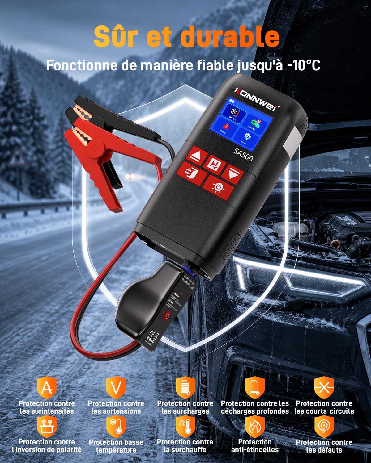 KONNWEI SA500 Booster Batterie Voiture avec Gonfleur, 4-en-1 Démarreur Batterie Voiture, Gonfleur Pneus Voiture 150 PSI avec Compresseur à Air Portatif, pour Essence 8L et Diesel 6L, LED SOS
