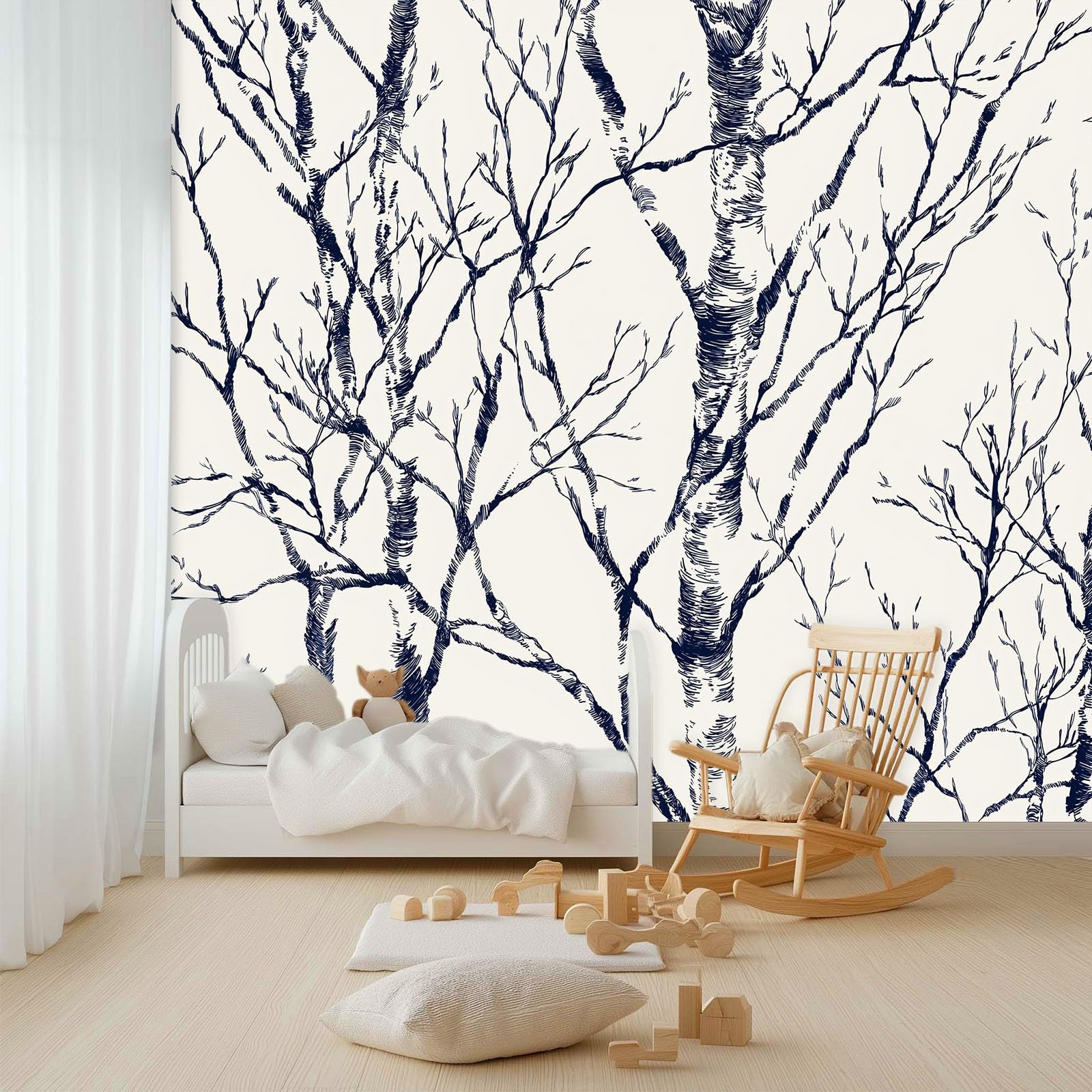 Biała, ręcznie rysowana, zimowa tapeta z motywem gałęzi lasu brzozowego, 350 x 256 cm, włóknina, wysokiej jakości nadruk, fototapeta, duża dekoracja ścienna do salonu, sypialni, biura, jadalni, pokoju