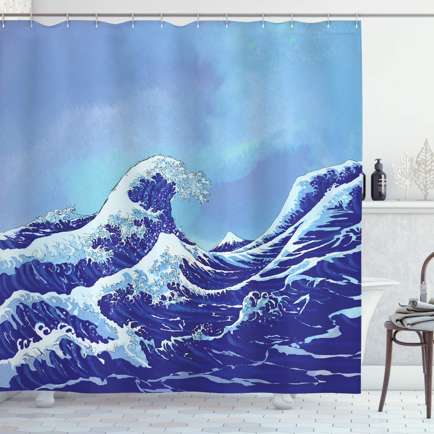 ABAKUHAUS Kanagawa Shower Curtain, Big Tsunami in the Ocean Blue Sky Japanese Nature Sea Waves Art