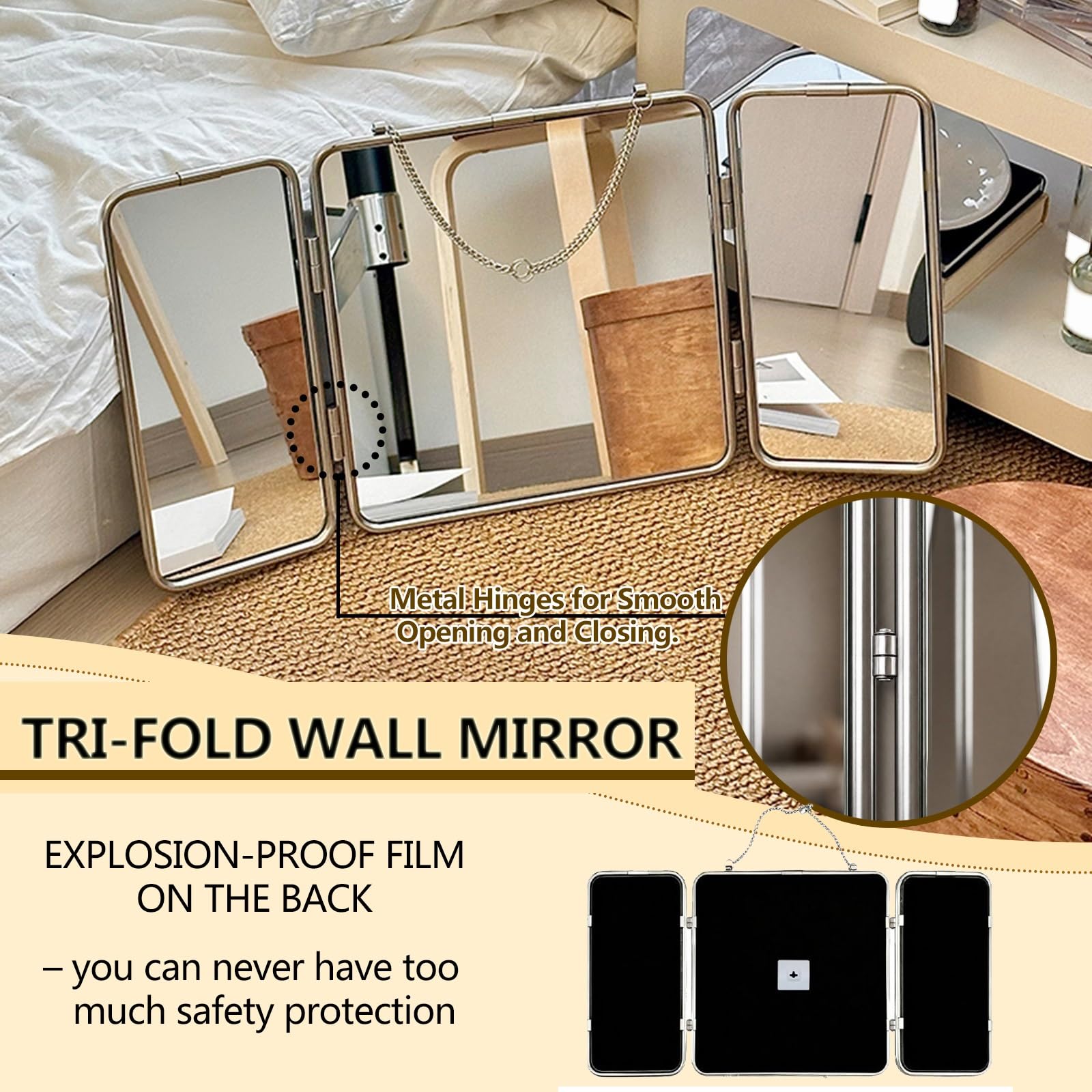 Miroir De Maquillage Carré À Trois Volets, Miroir Mural avec Cadre en Acier Inoxydable 304, Miroir Décoratif HD 30 * 60 Cm, pour Salle De Bain, Chambre