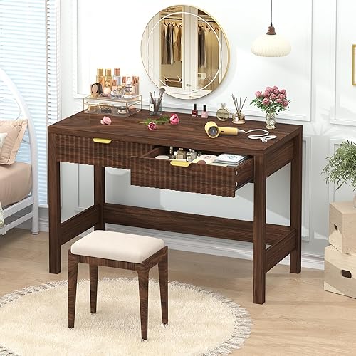 Miniatura 7 de Escritorio estriado para computadora con 2 cajones, escritorio pequeño de computadora de 39 pulgadas con almacenamiento, escritorio de estudio