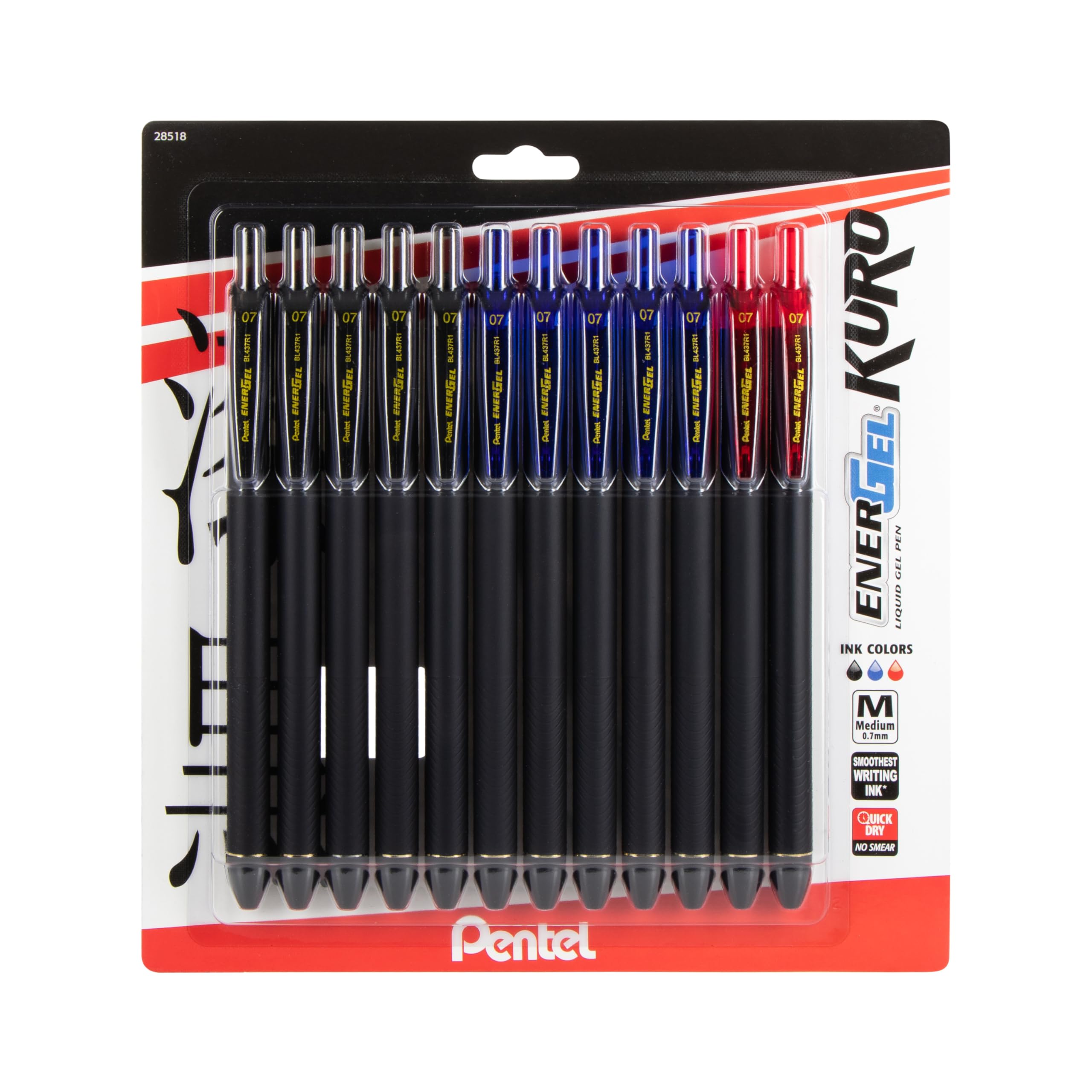 Photo 1 of Pentel EnerGel Kuro Liquid Gel Pen, 0.7mm, Medium line, Assorted Ink, 12-Pk (BL437R1BP12M1)