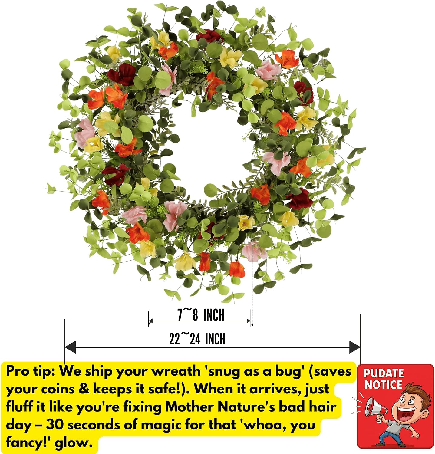 24 Inch Spring Wreath for Front Door, Summer Wildflower Wreath with Colorful Flowers & Eucalyptus, Artificial Year Round for Farmhouse Home Decor Indoor Outdoor
