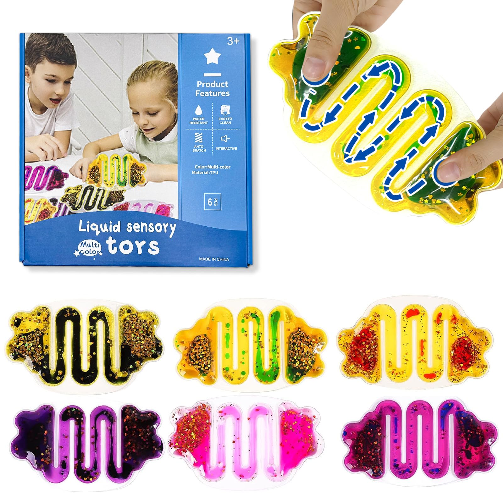 Autism Sensory Fidget Toys: Sensory Toys for Autistic Kids Glitter Sensory Squeeze Tube Anxiety Relief Toys for Ages 3 to Adults Easter Basket Christmas Stocking Stuffers Set of 6 Multi-Color