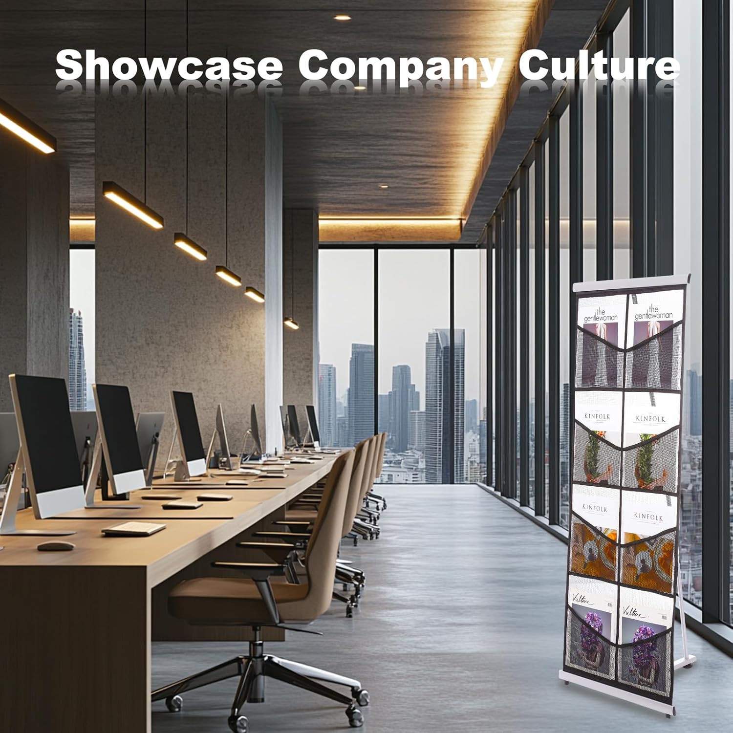 PATIKIL 2 Pack Portable Magazine Display Racks Floor Standing Double A4 8 Mesh Pockets Brochure Stand Catalog Literature Holder for Hotel, Exhibition, Office, Gray