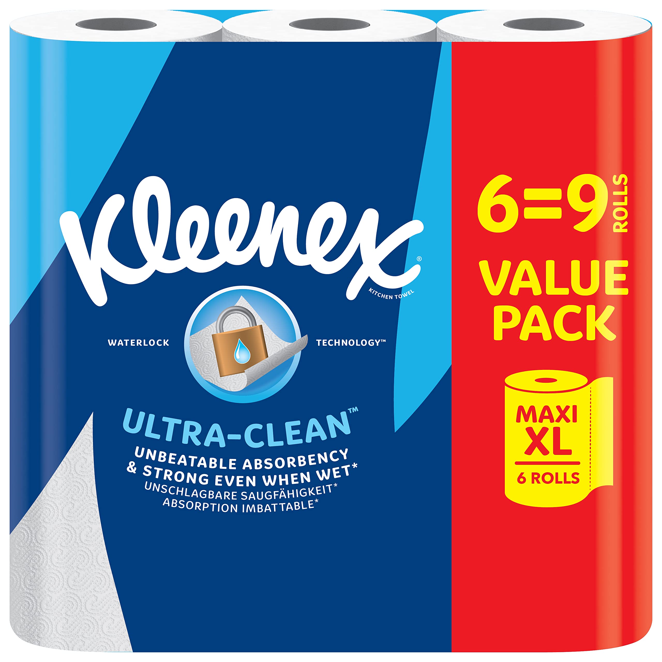 Kleenex® rotolo da cucina Ultra Clean™, 6 Maxi XL rotoli da cucina (=9 rotoli), assorbenza insuperabile e forza carta da cucina - Confezione riciclabile al 100%