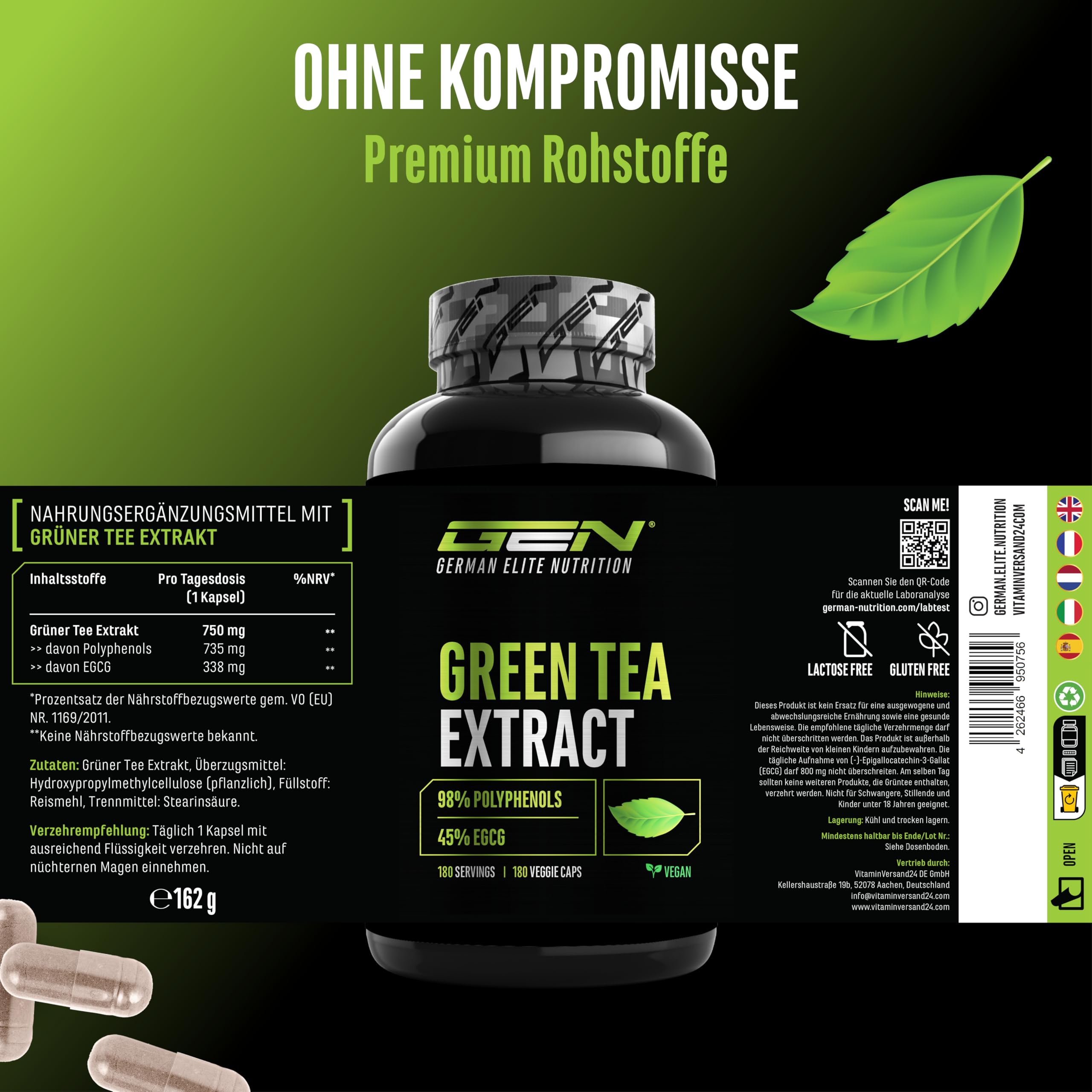 Green Tea Extract - 180 Kapseln - Extra hochdosiert mit 750 mg Grüntee-Extrakt pro Kapsel - 95% Polyphenole & 45% EGCG - Ohne unnötige Zusätze - Vegan