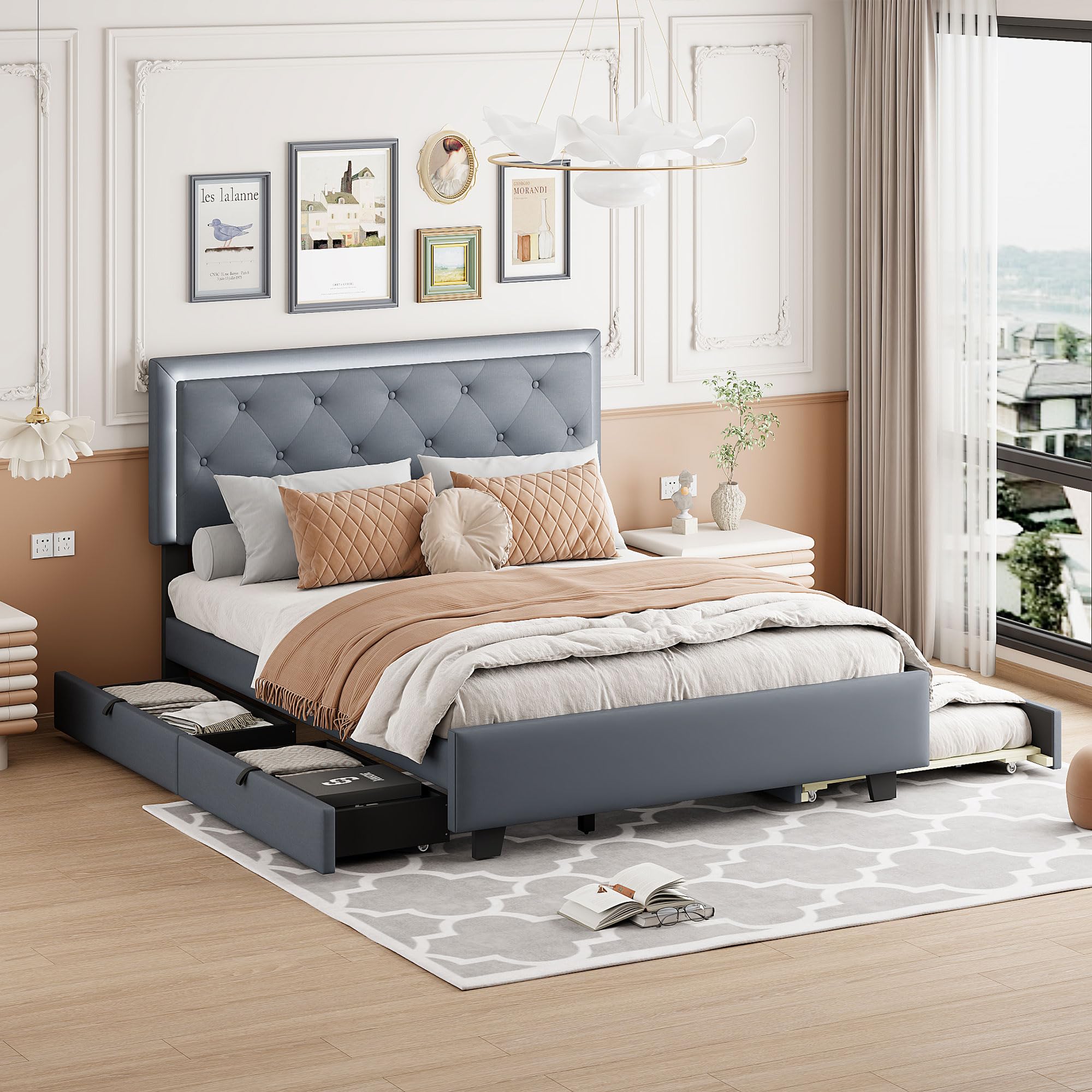 SEE SPECIFICATION Merax Upholstered Platform Bed, Queen Size LED Velvet Fabric Wooden Bed Frame with 2 Big Drawers, a Trundle and LED Light for Bedroom, Wood Slat Support, No Box Spring Needed, Easy Assembly (Grey)
