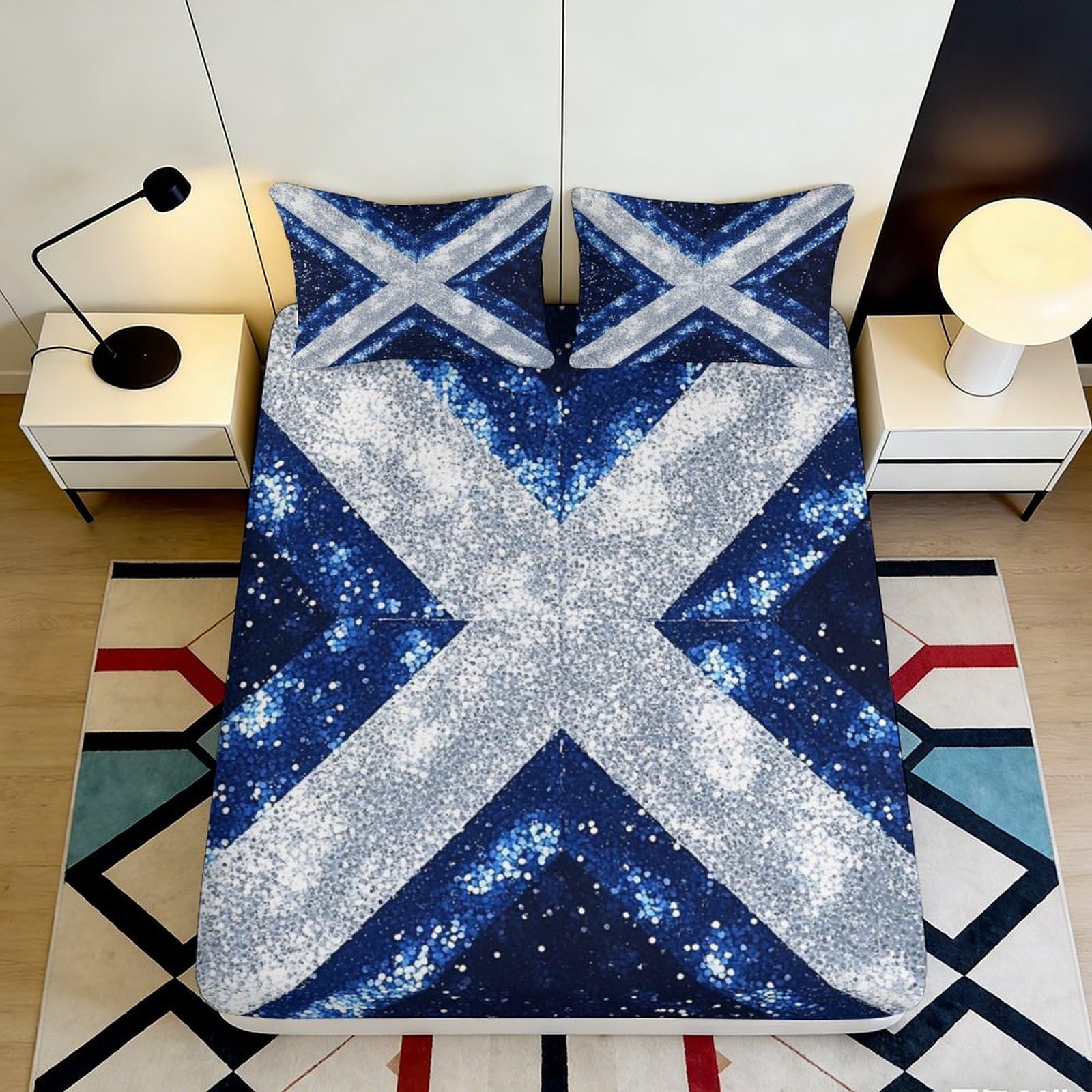 3D Printed Galaxy Scottish Flag Fitted Sheet Microfiber Deep Pocket Bedding Set Stars Mattress Fitted Cover Elastic Hem Home 90x200x25cm