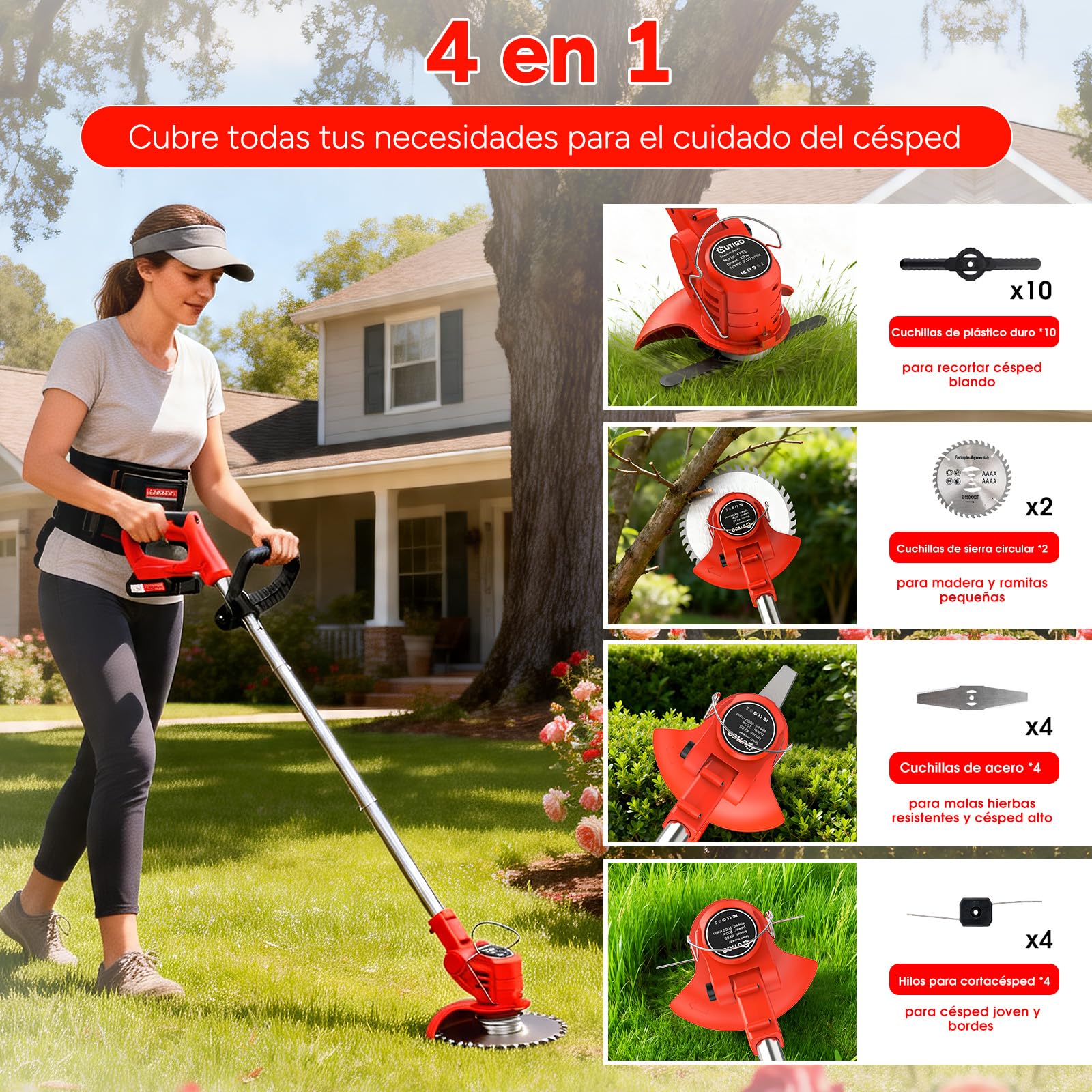OUTIGO Cortadora de césped eléctrica inalámbrica, desbrozadora inalámbrica con 2 baterías y 4 Cuchillas, Recortar Malas Hierbas, césped Exterior y Ramas pequeñas, Decespugliatore Elettrico