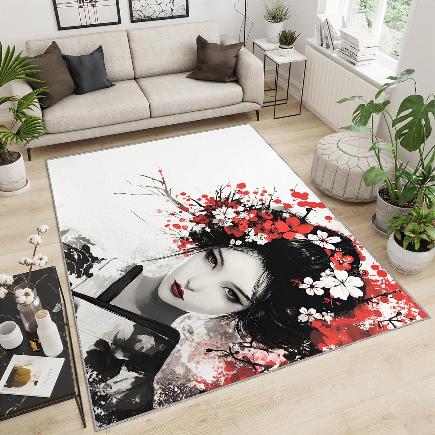 2x3 Ink Geisha Elegance Rug - Minimalist Japanese Doormat Outdoor Entrance, Japanese Woman Laundry Room Carpet Non Slip Accent Throw Rugs for Bathroom Kitchen Sink Front Door