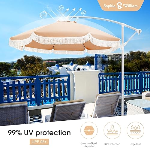 Miniatura 2 de Sophia & William Sombrilla de patio de 9 pies para exteriores, sombrilla voladiza con borla de flecos, fácil de levantar, protección UV, paraguas al