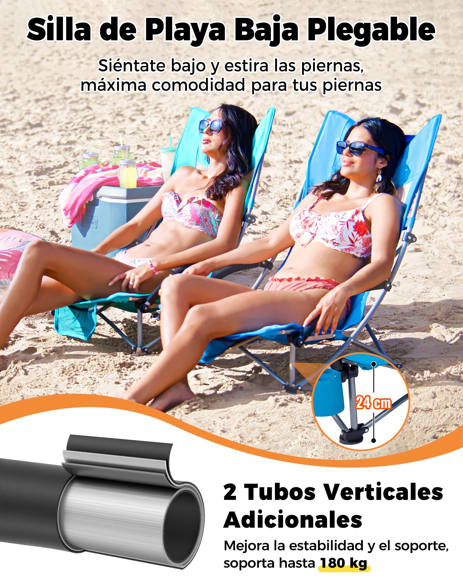 KingCamp Silla de Playa Baja Plegable Ligera Capacidad 180kg Silla Picnic Estabilidad Doble Tubo Silla Portátil para Conciertos Asiento Ancho y Bolsillo Cian