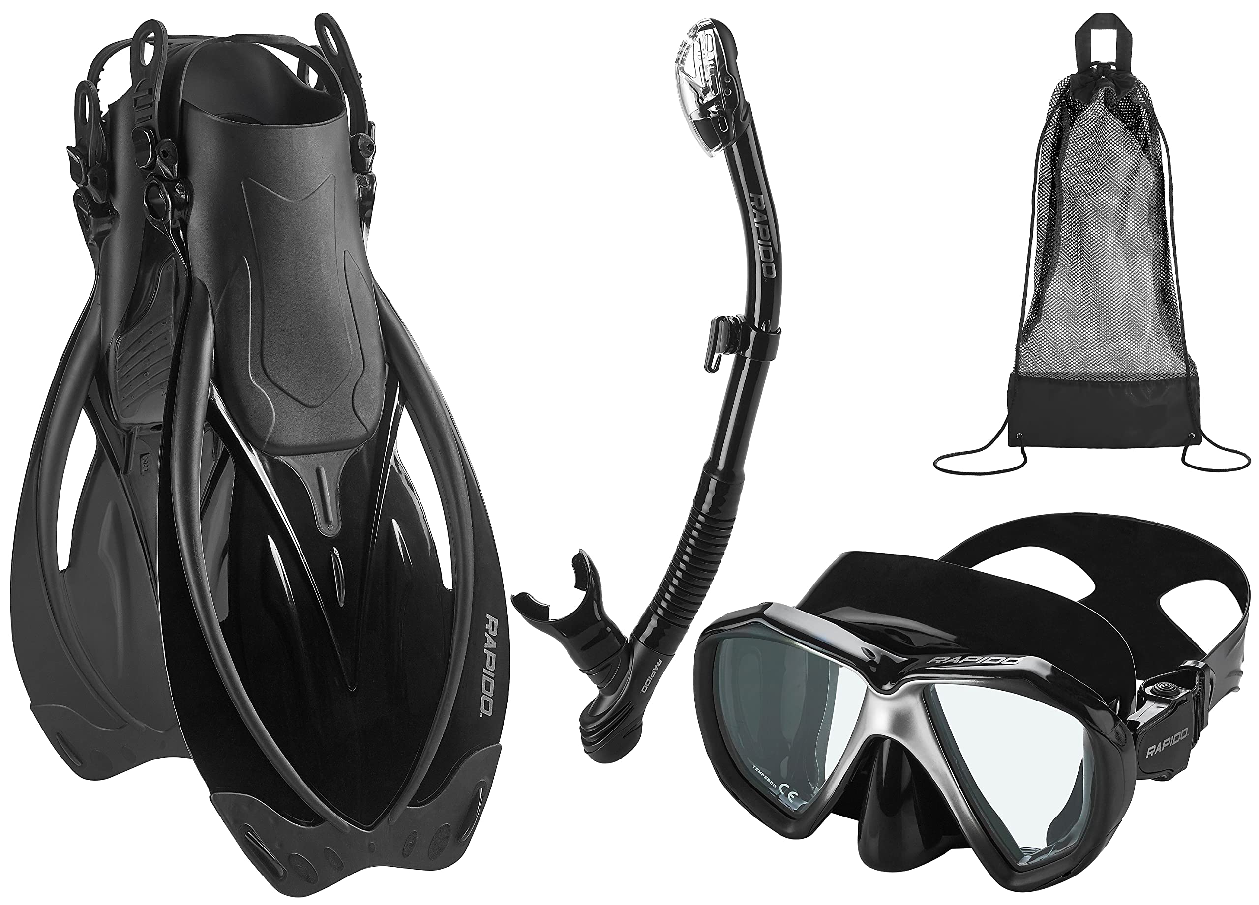 Phantom Aquatics Rapido Boutique Collection Tempered Glass Panoramic View Snorkel Mask, Dry Top Snorkel, Snorkeling Fin Set with Swim Beach Bag (ABK - S/M)